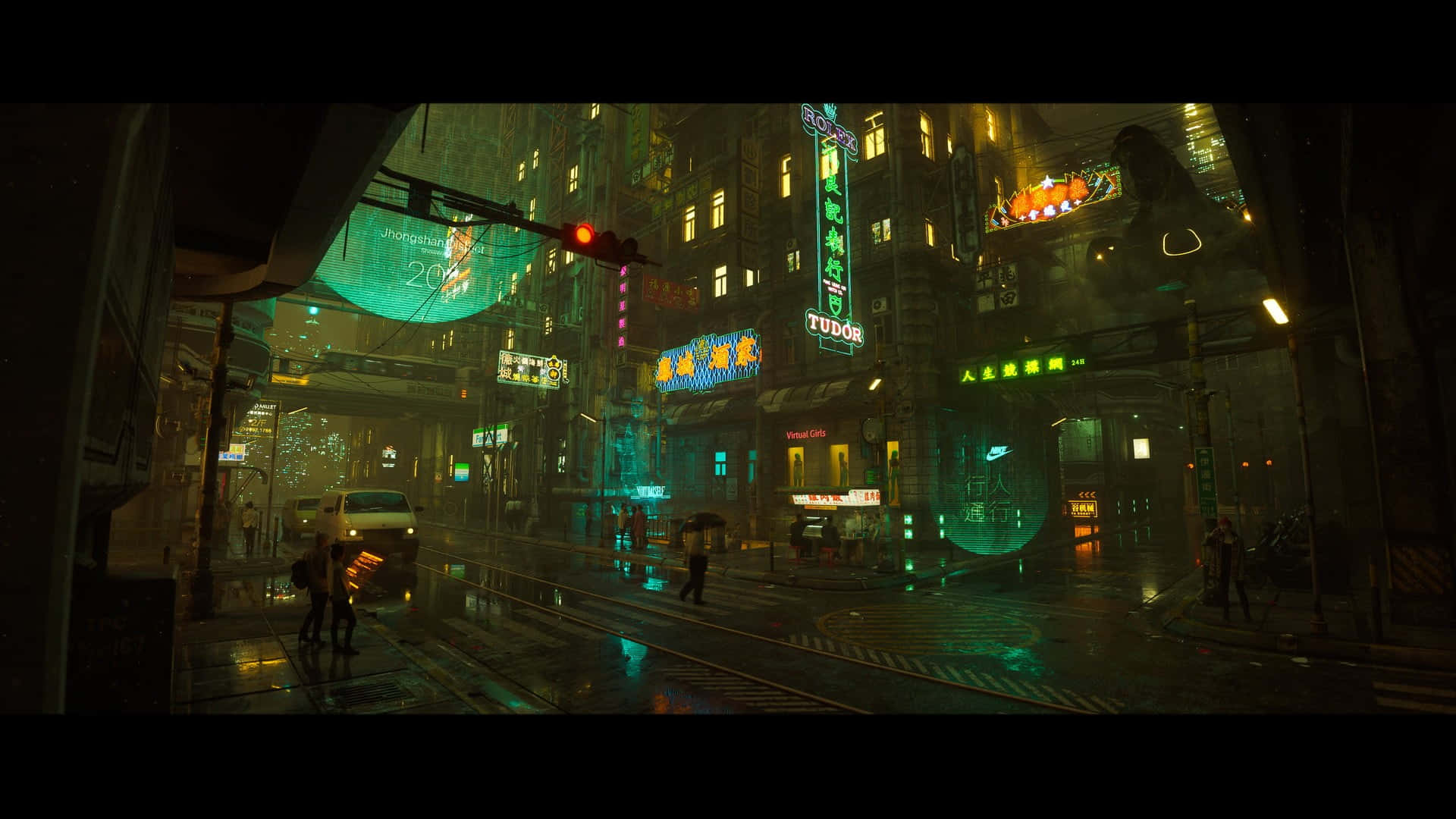 3D City, cyberpunk street, neon-lit, Full HD Desktop Wallpaper