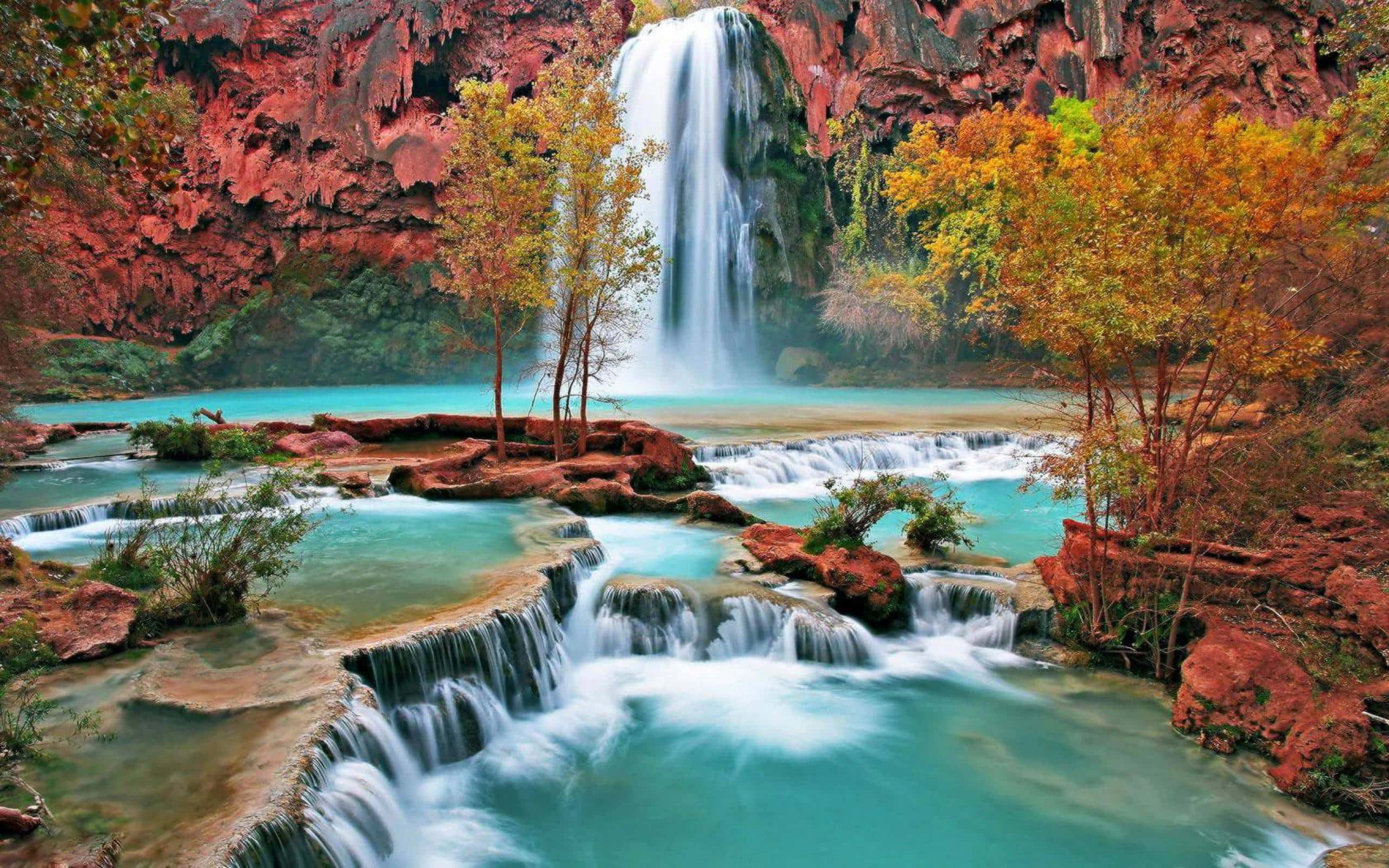 3D Waterfall, turquoise waterfall, red rock formations, 2K Desktop Wallpaper