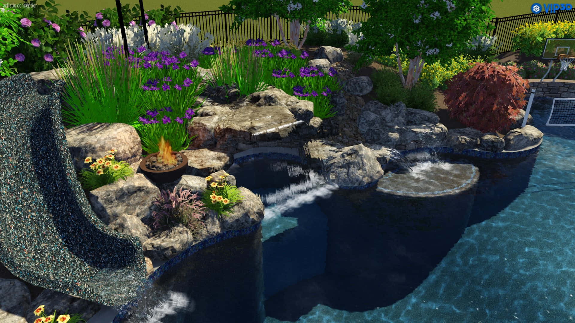 3d landscape, stone waterfall, vibrant purple flowers, Full HD Desktop Wallpaper