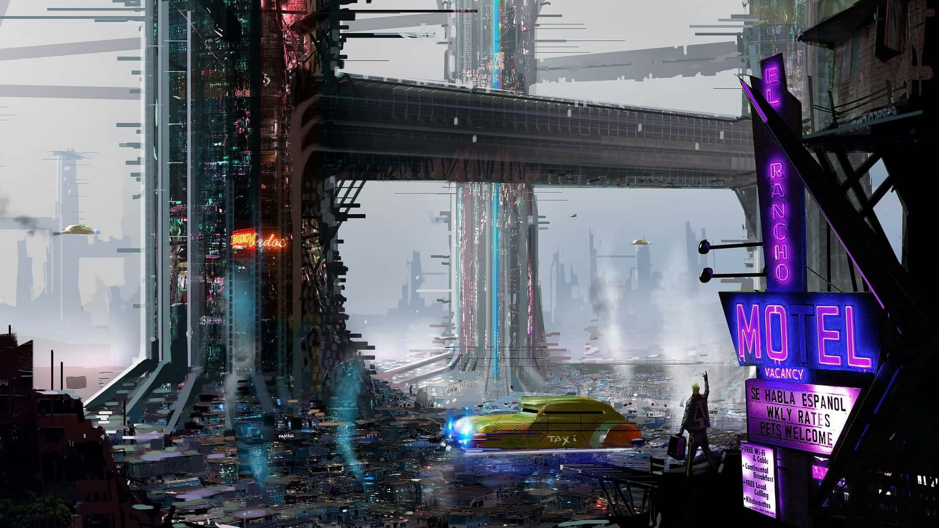 neon-lit cyberpunk cityscape, yellow taxi, towering bridge, Full HD Desktop Wallpaper
