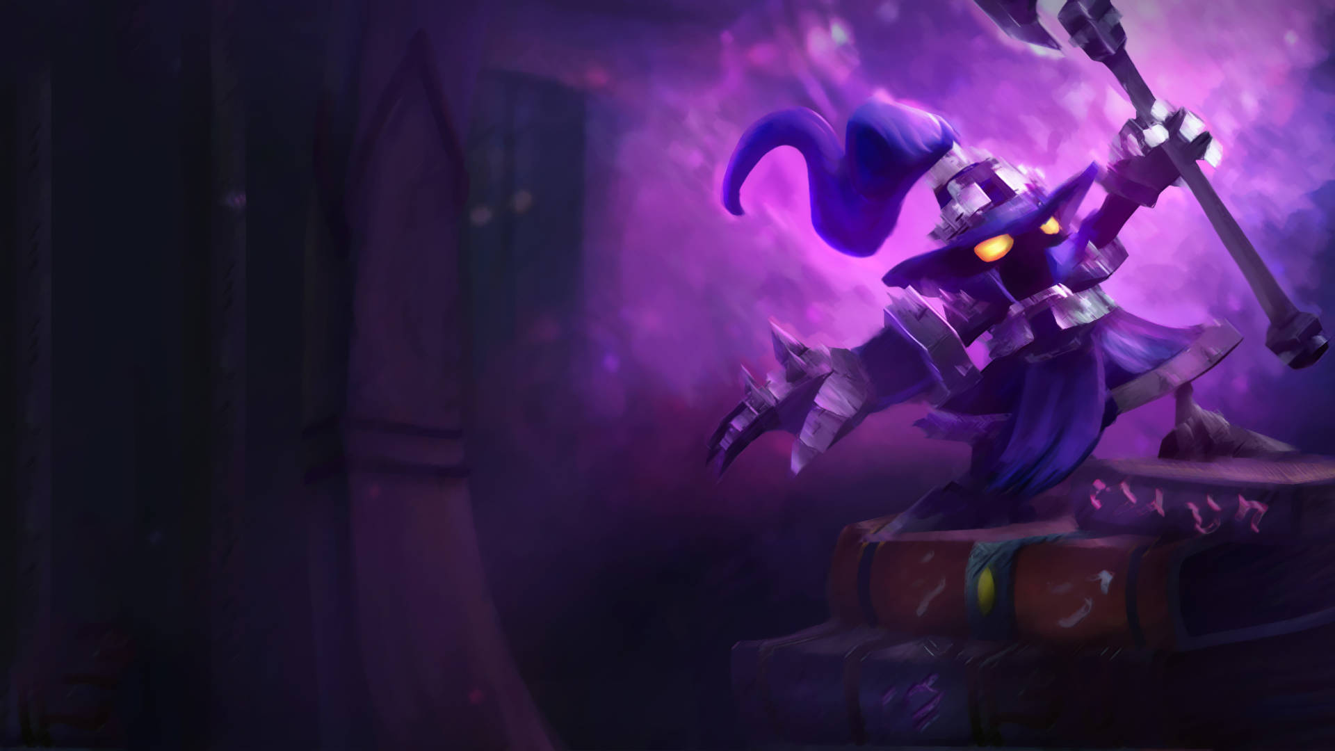 4K League of Legends, purple-robed wizard, glowing yellow eyes, Full HD Desktop Wallpaper