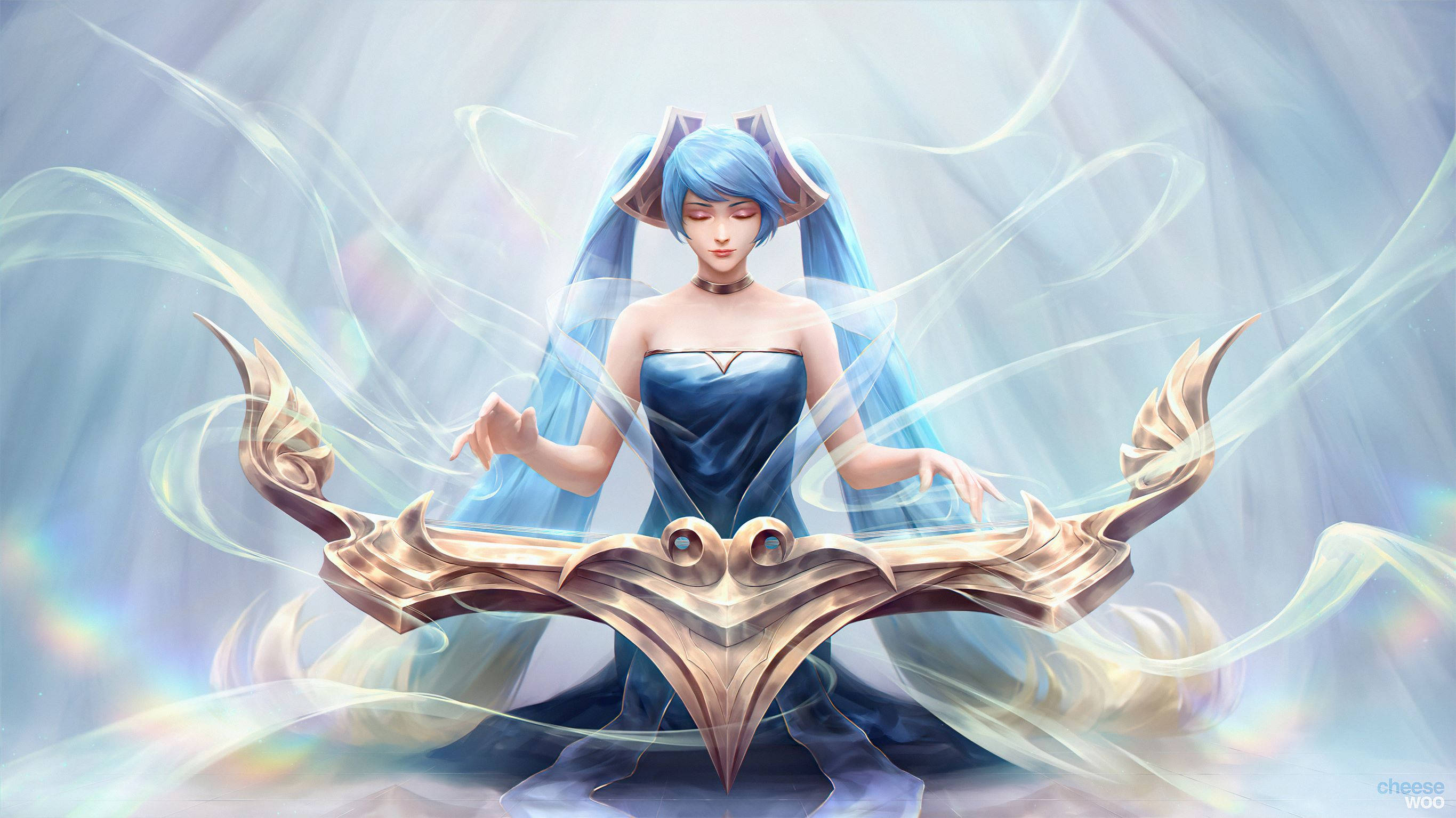 blue hair, anime girl, flowing gown, 2K Desktop Wallpaper