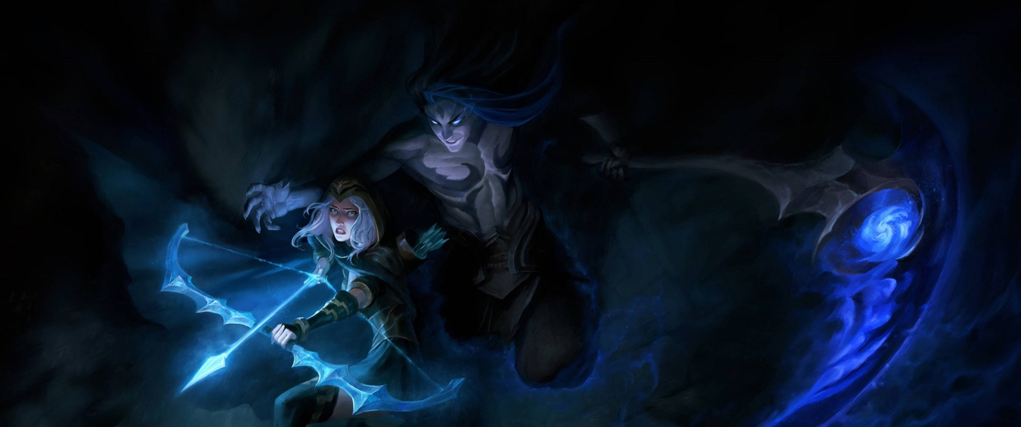 3d League Of Legends, glowing blue magical bow, dark spectral figure, 2K Desktop Wallpaper