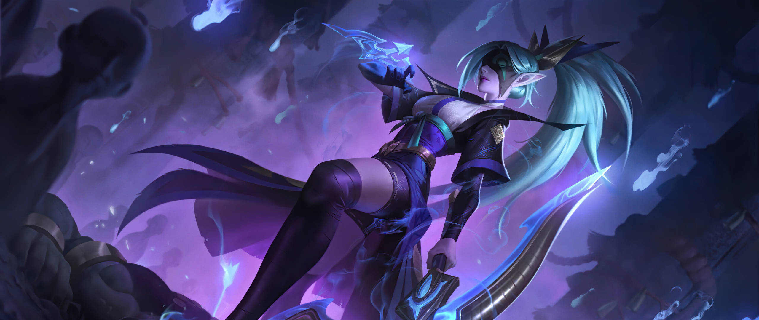 3d League Of Legends, teal hair, glowing blue blades, 2K Desktop Wallpaper