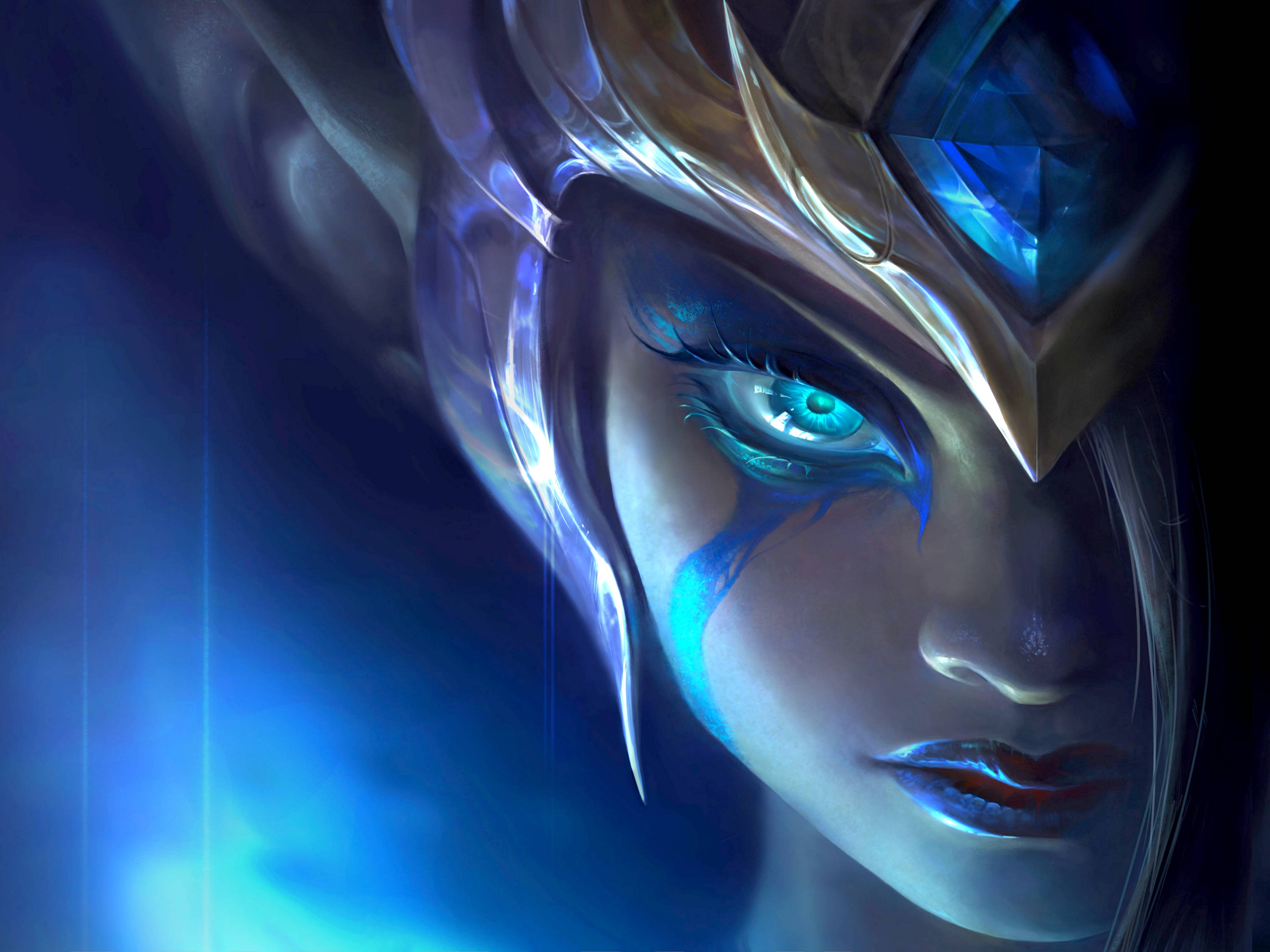 3d League Of Legends, fantasy warrior, glowing blue eyes, 2K Desktop Wallpaper