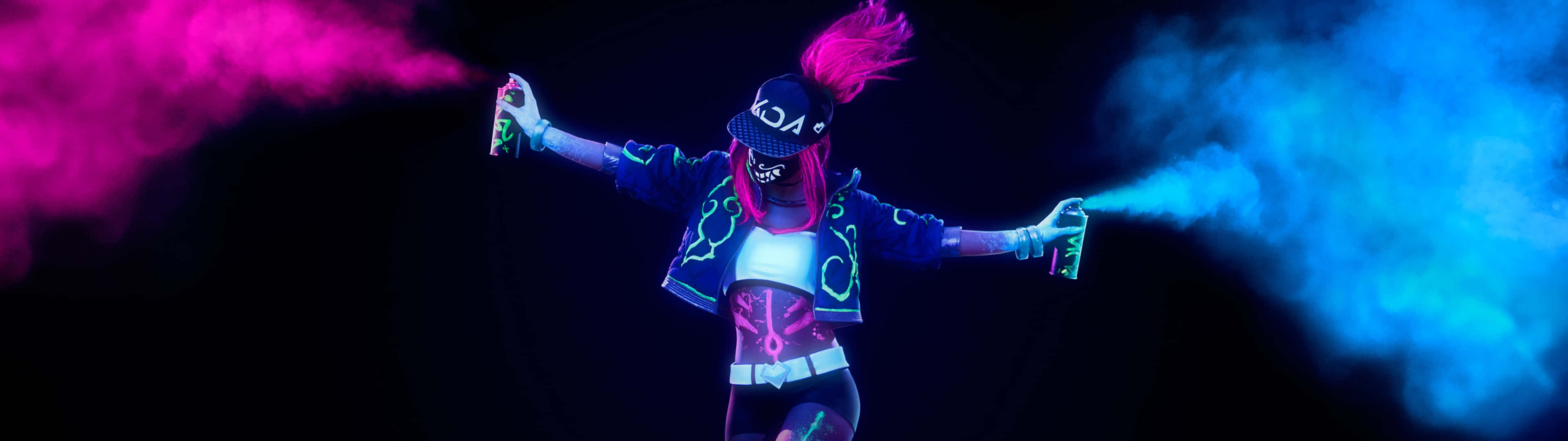 League of Legends, neon-dressed performer, vibrant pink and blue smoke, 4K Desktop Wallpaper