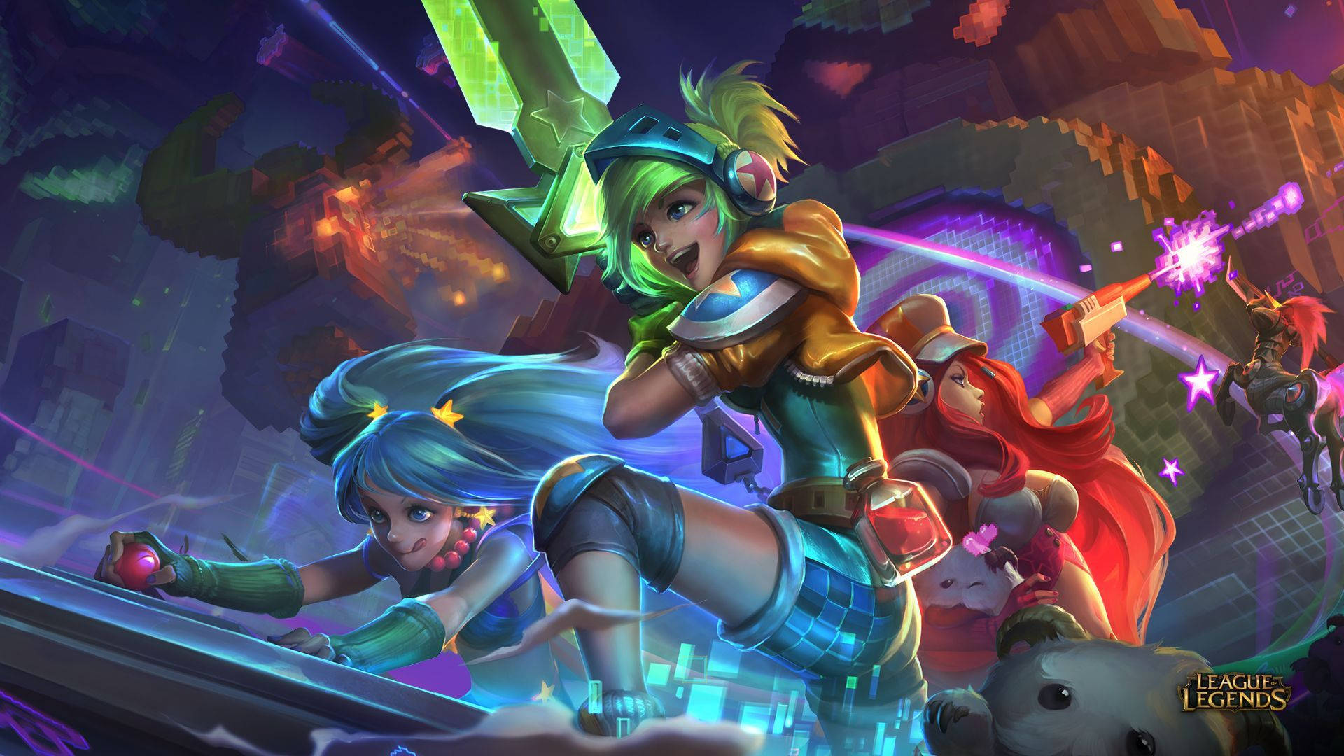 3d League Of Legends, neon-lit cyberpunk arena, glowing weapons, Full HD Desktop Wallpaper