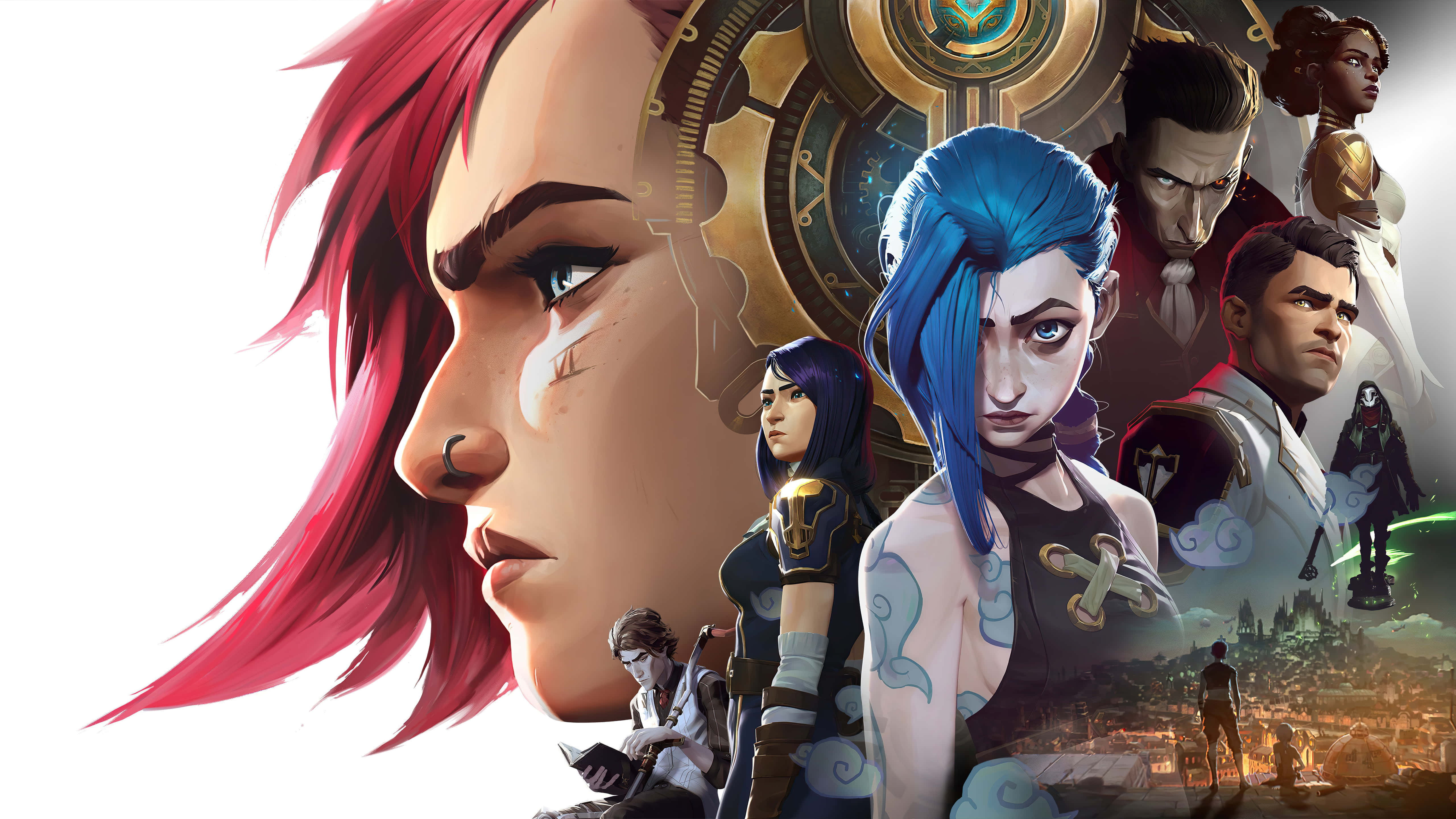 League of Legends, anime-style characters, bold red and blue hair, 5K Desktop Wallpaper