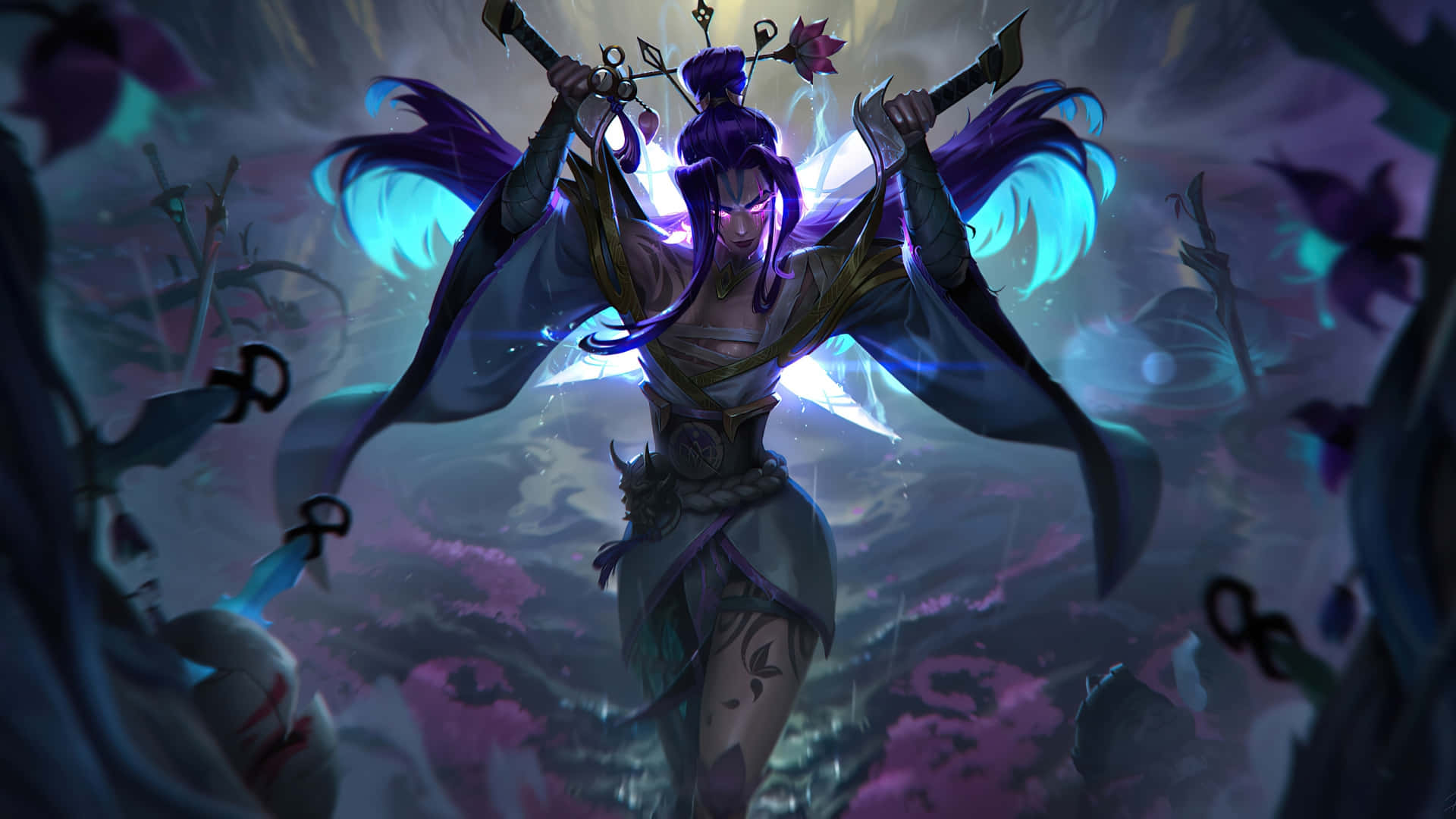 League of Legends, anime warrior, purple hair, Full HD Desktop Wallpaper