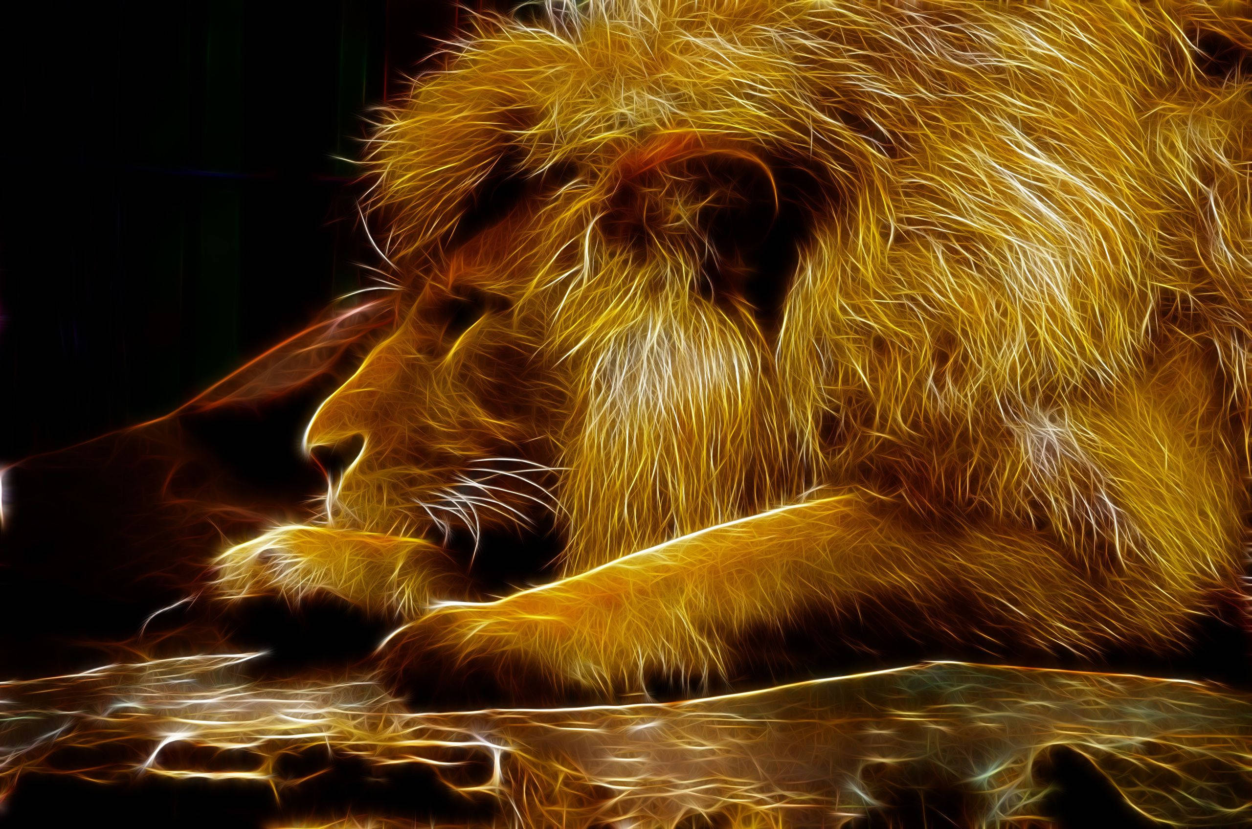 lion, glowing golden fur, fiery light streaks, 2K Desktop Wallpaper
