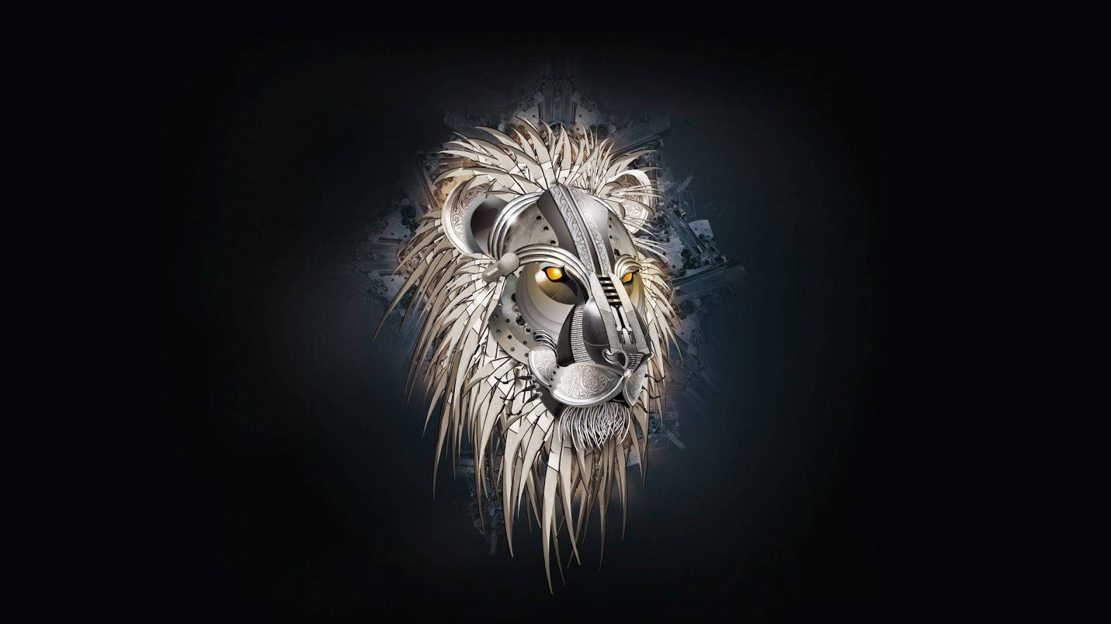 3d Lion, metallic lion head, glowing amber eyes, HD Desktop Wallpaper
