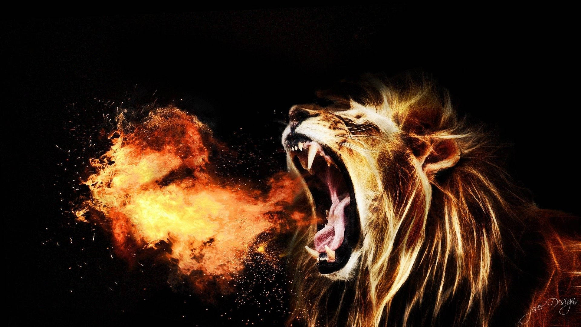 3d Lion, roaring lion, fiery blast, Full HD Desktop Wallpaper
