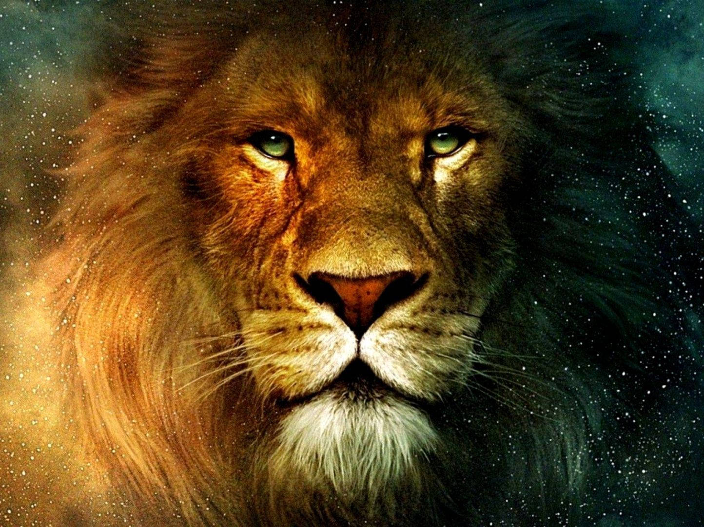 3d Lion, starry sky, glowing green eyes, HD Desktop Wallpaper