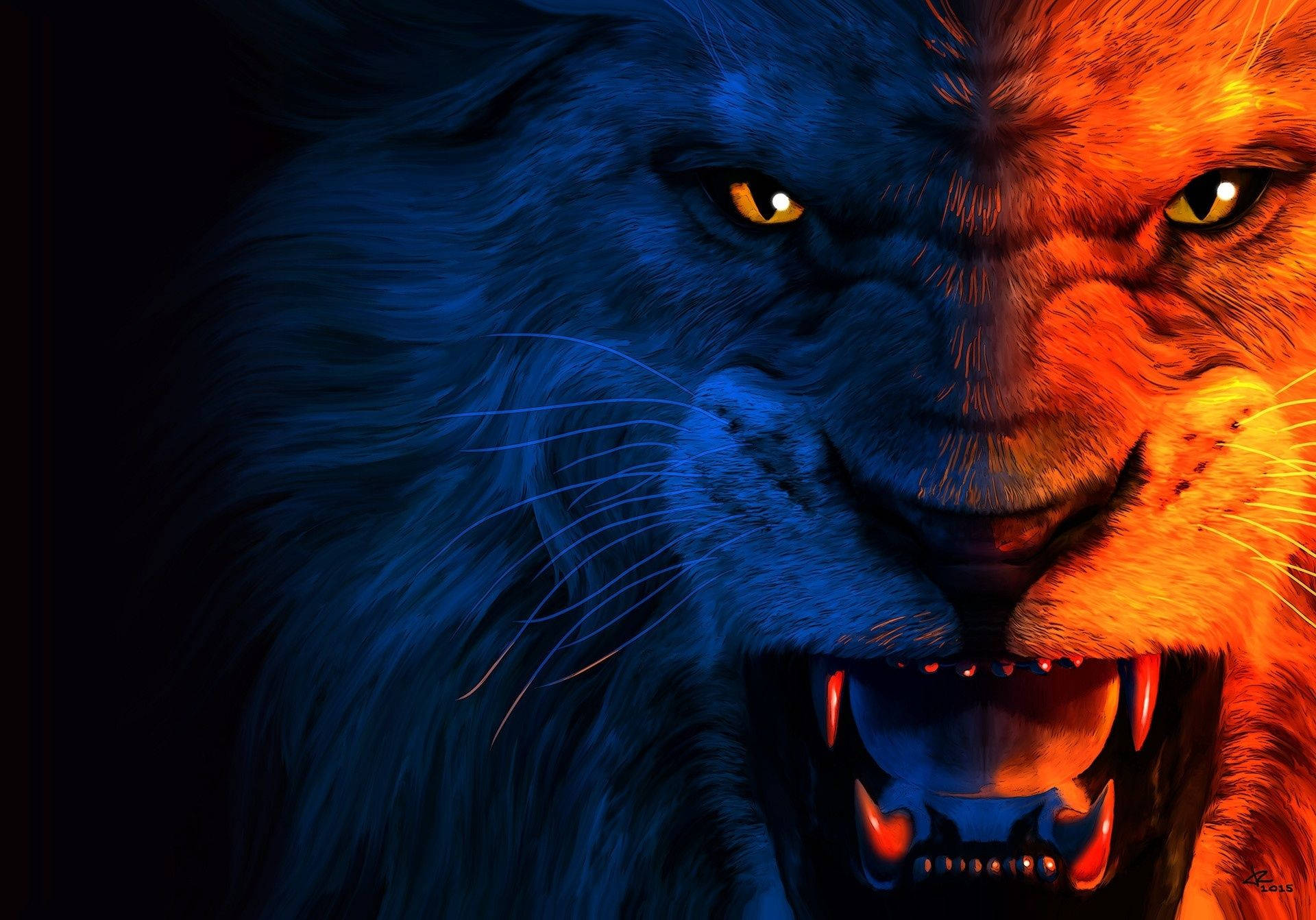 3d lion, glowing blue, fiery orange, Full HD Desktop Wallpaper