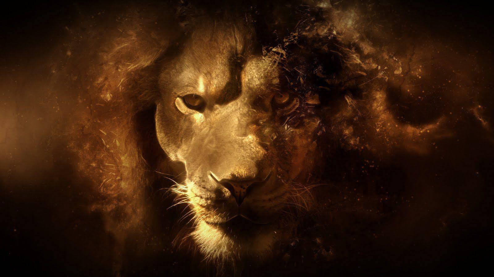 3d Lion, golden background, swirling golden dust, HD Desktop Wallpaper