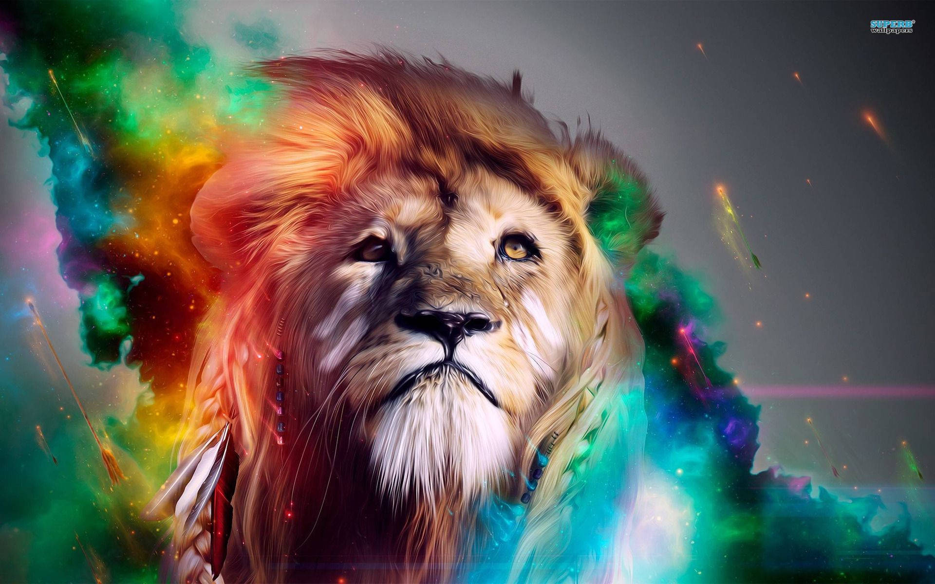 3d lion, cosmic aura, feathered adornments, Full HD Desktop Wallpaper