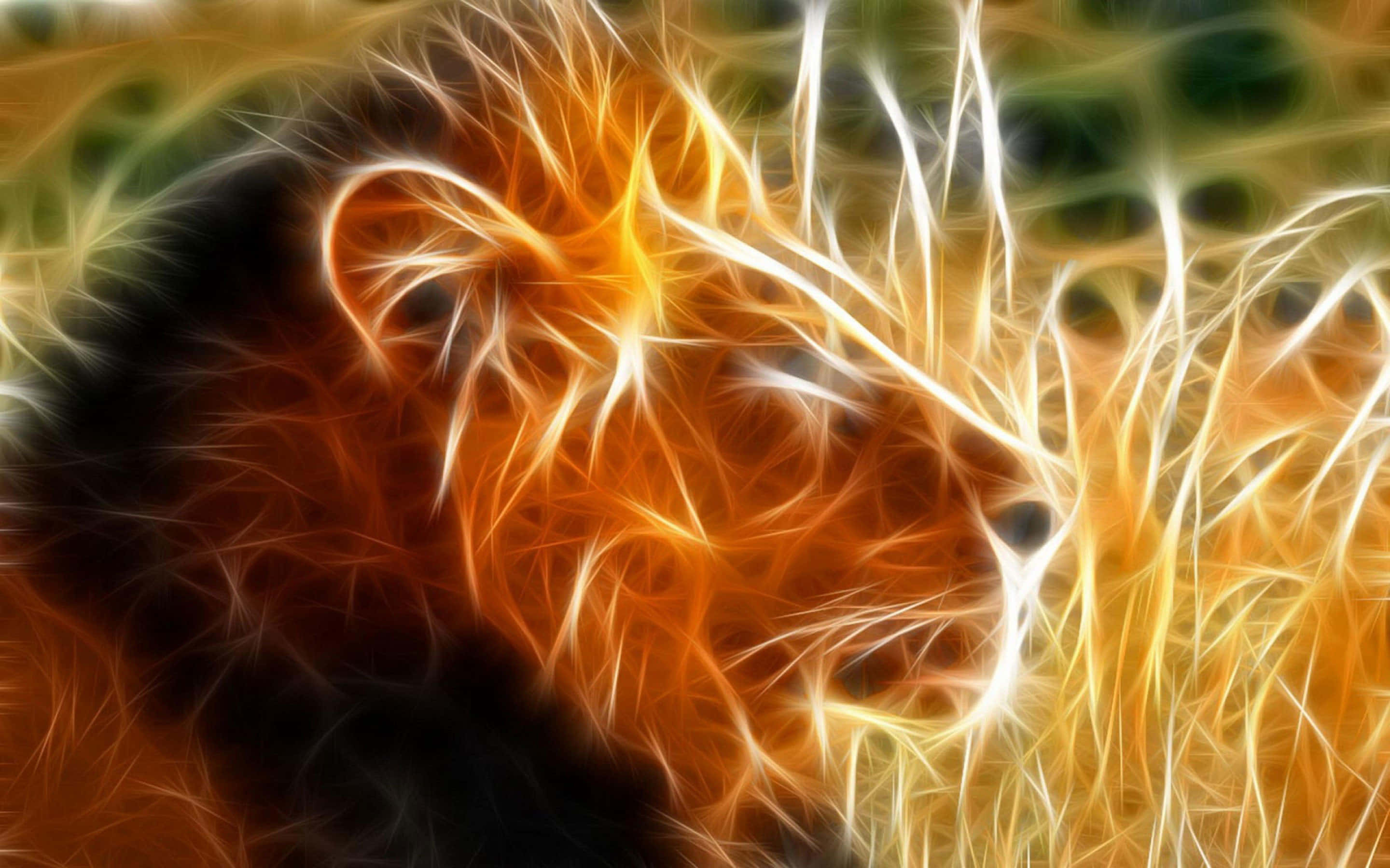 3d animal, fiery abstract digital-art lion head, glowing orange and white fractal lines, 2K Desktop Wallpaper