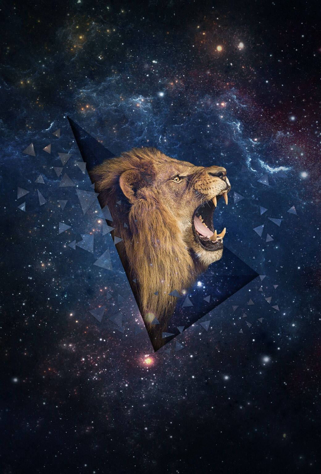 3d lion galaxy, roaring lion's head, geometric triangle, HD Phone Wallpaper