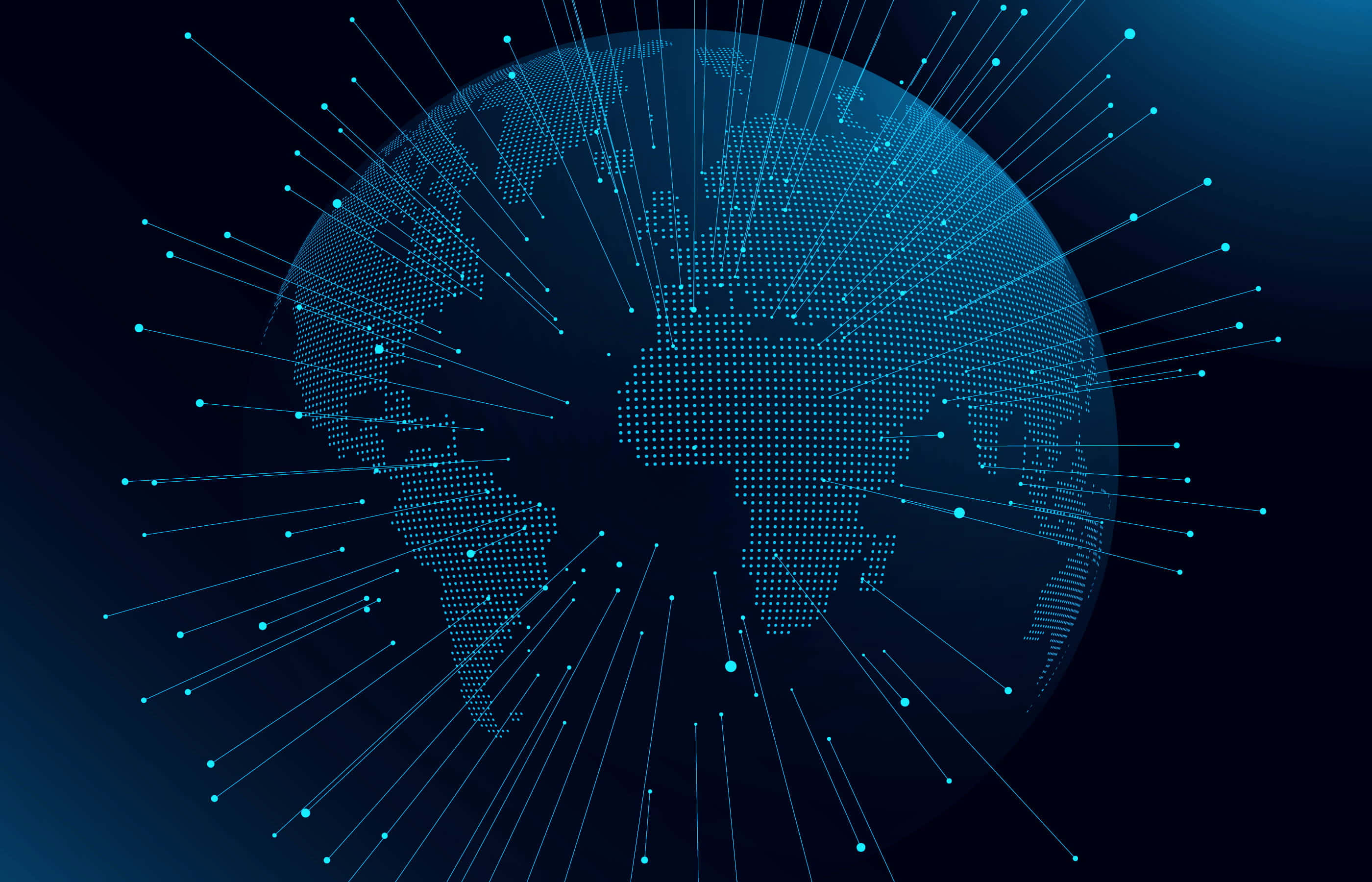 3d abstract of globe map, glowing blue dots, lines radiating outward, 2K Desktop Wallpaper