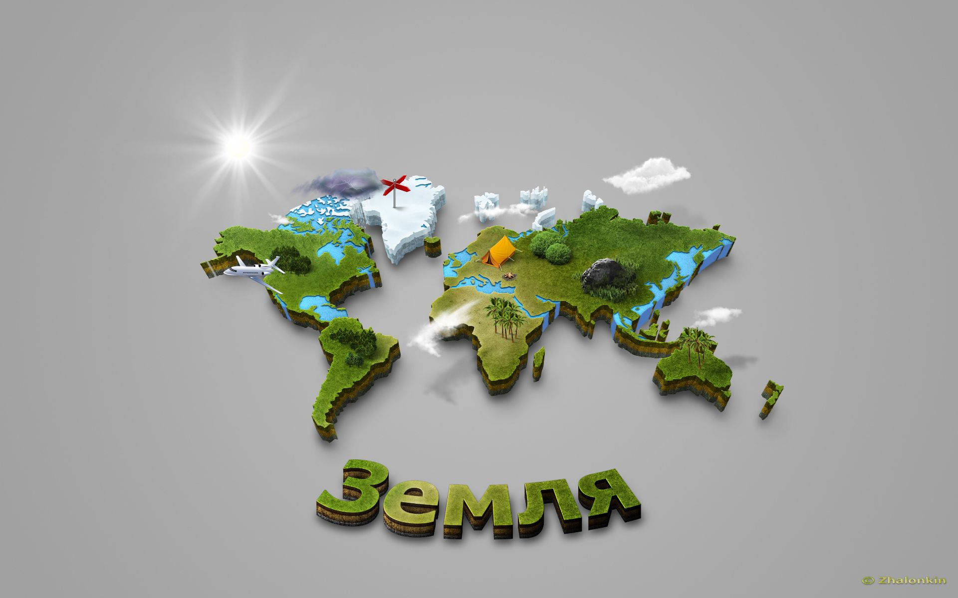 3d-rendered world map, grassy continents, blue oceans, Full HD Desktop Wallpaper