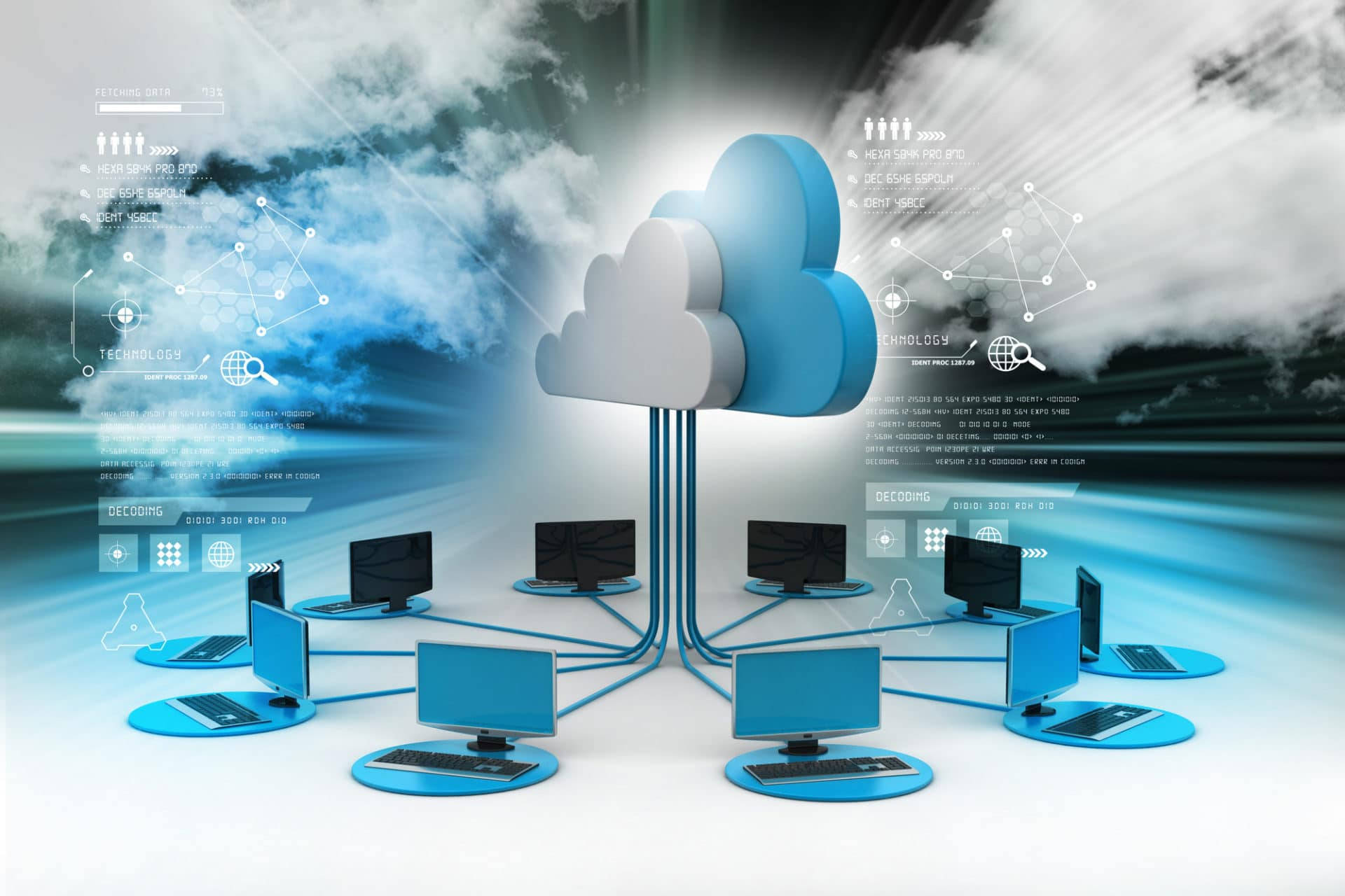futuristic blue cloud server icon, multiple computers displaying tech data, stormy sky backdrop, Full HD Desktop Wallpaper
