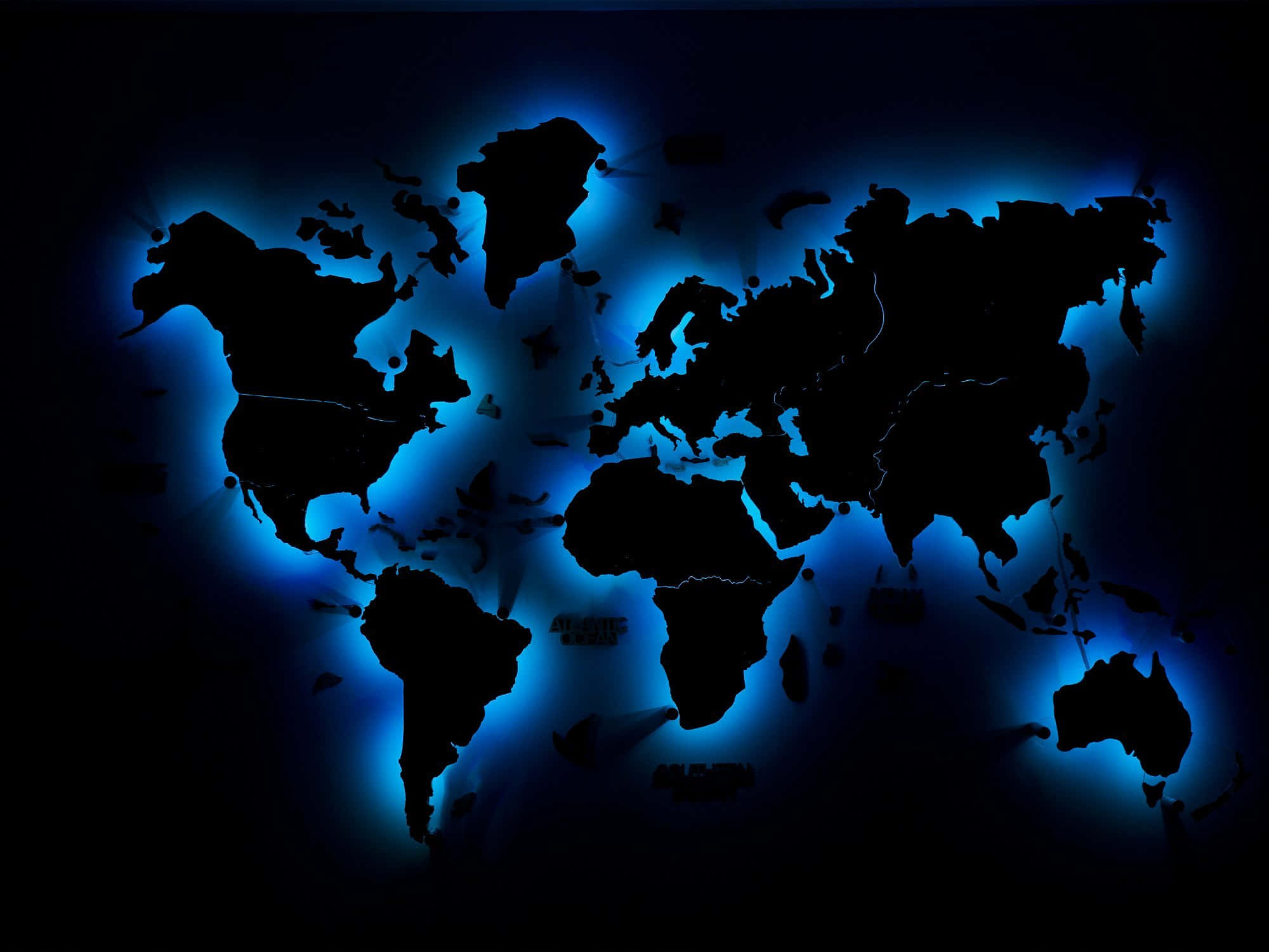 blue glow, world map silhouette, deep black background, Full HD Desktop Wallpaper