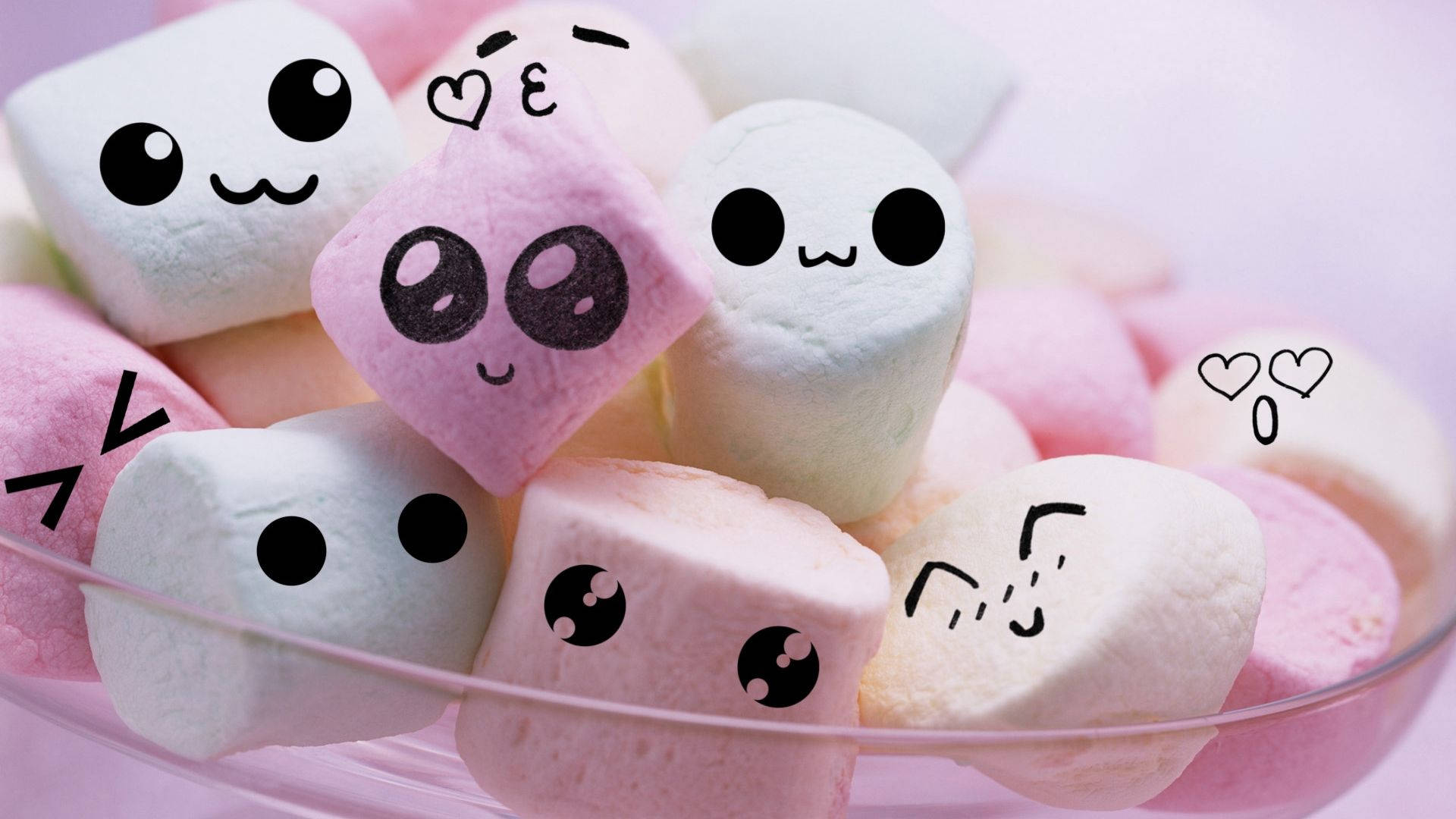 pastel 3d marshmallow faces, pink and white marshmallows, cute hand-drawn faces, Full HD Desktop Wallpaper