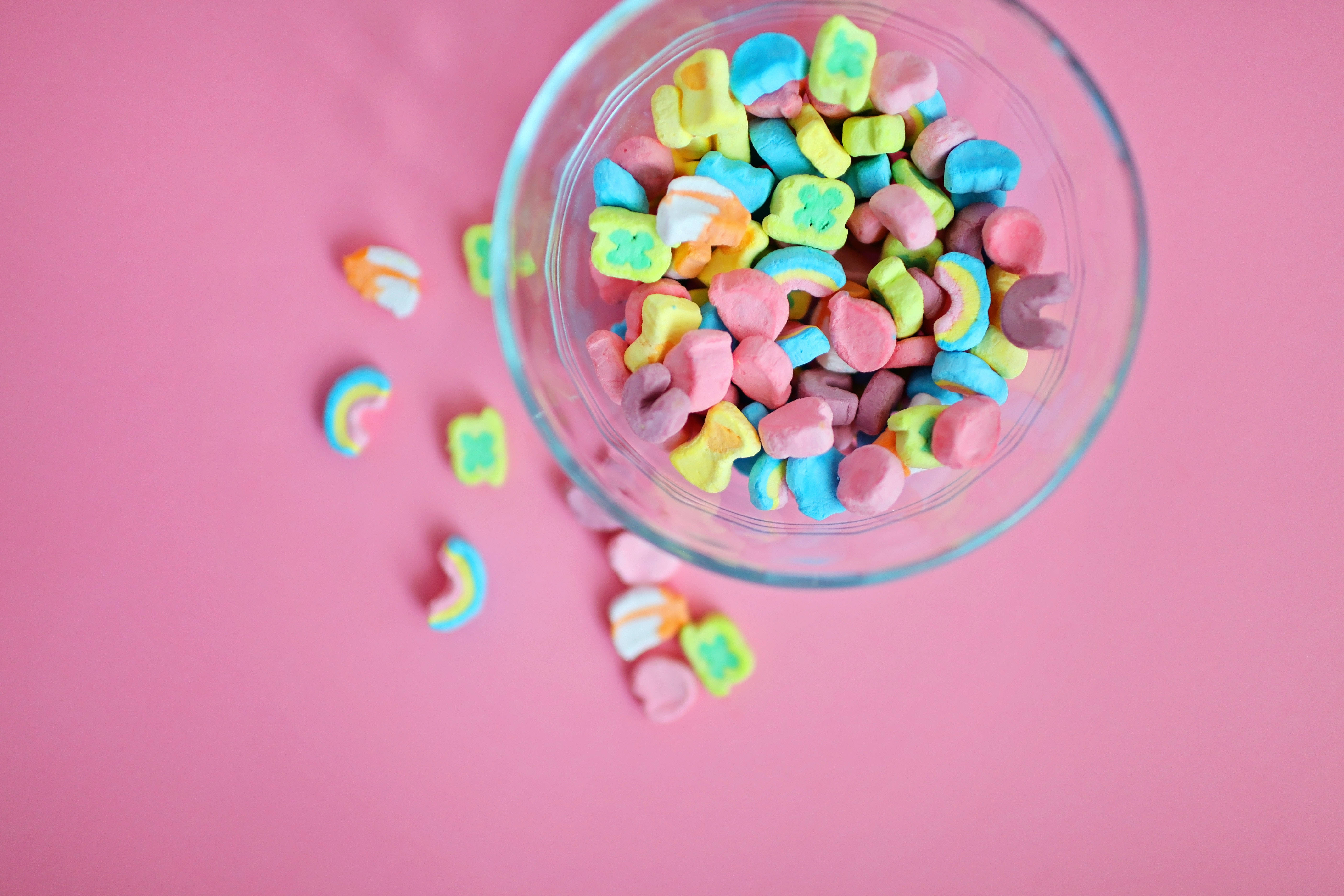 rainbow shaped 3d marshmallow, glass bowl, colorful rainbow-shaped marshmallows, 5K Desktop Wallpaper