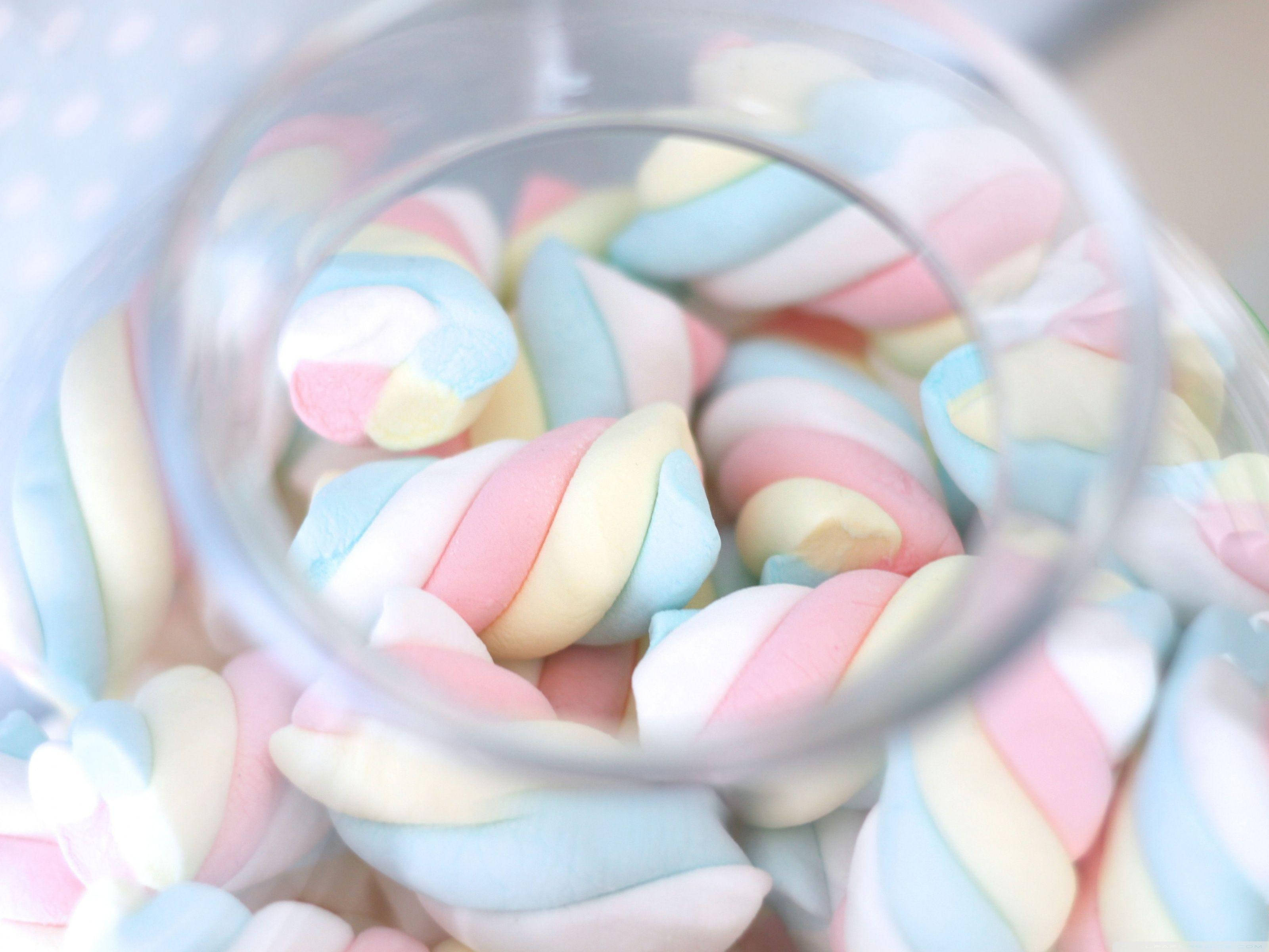 3d multicolored marshmallow jar, pastel rainbow marshmallows, clear glass jar, 2K Desktop Wallpaper