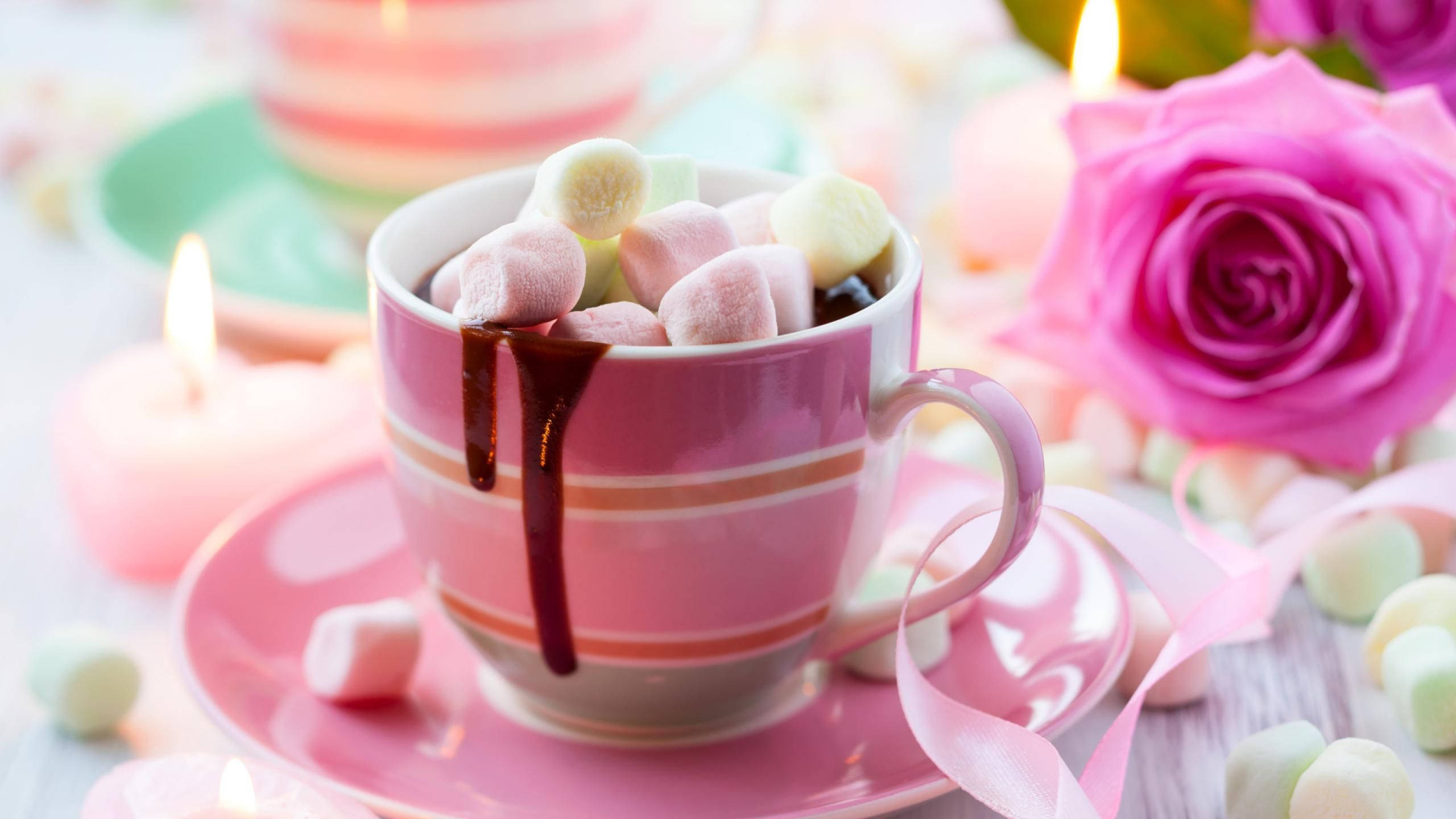 3d teacup marshmallow, pink striped mug, hot chocolate, 2K Desktop Wallpaper