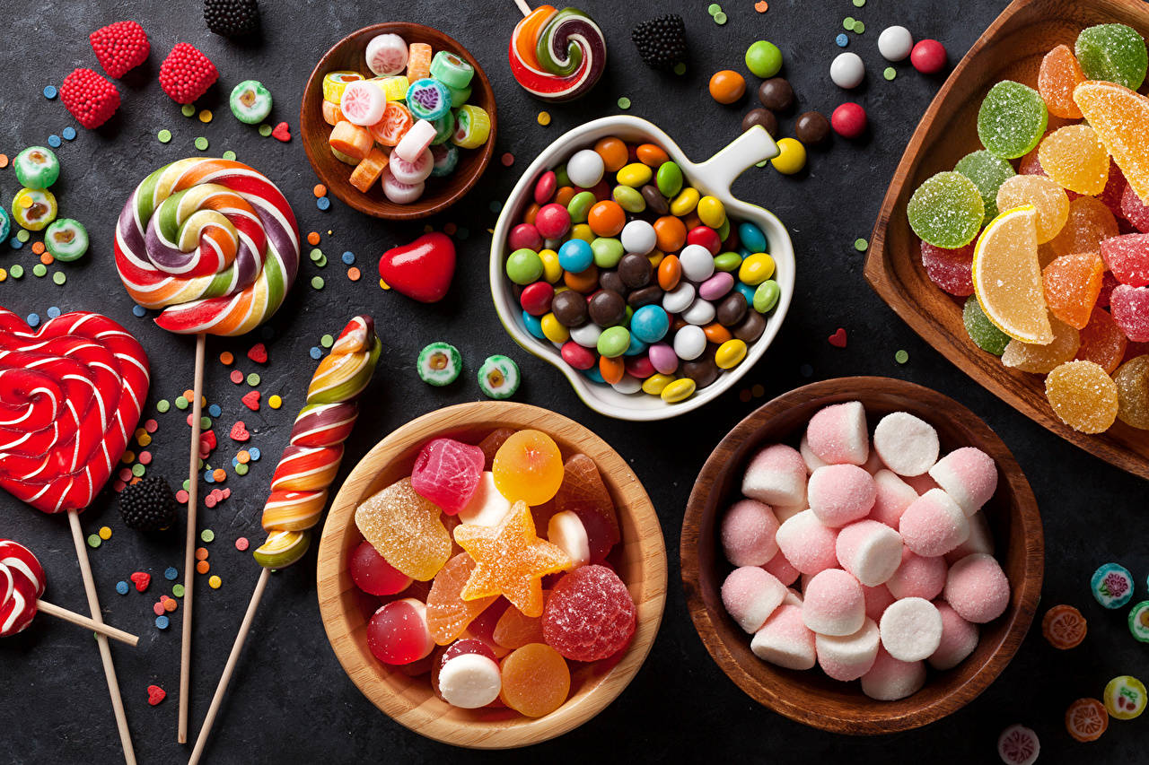 3d marshmallow, colorful candies, wooden bowls, HD Desktop Wallpaper