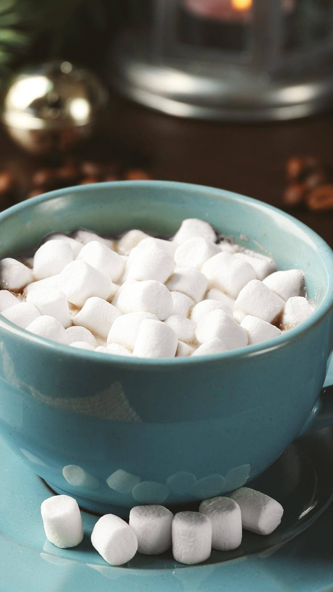 3d bowl marshmallow, teal ceramic mug, fluffy white marshmallows, Full HD Phone Wallpaper