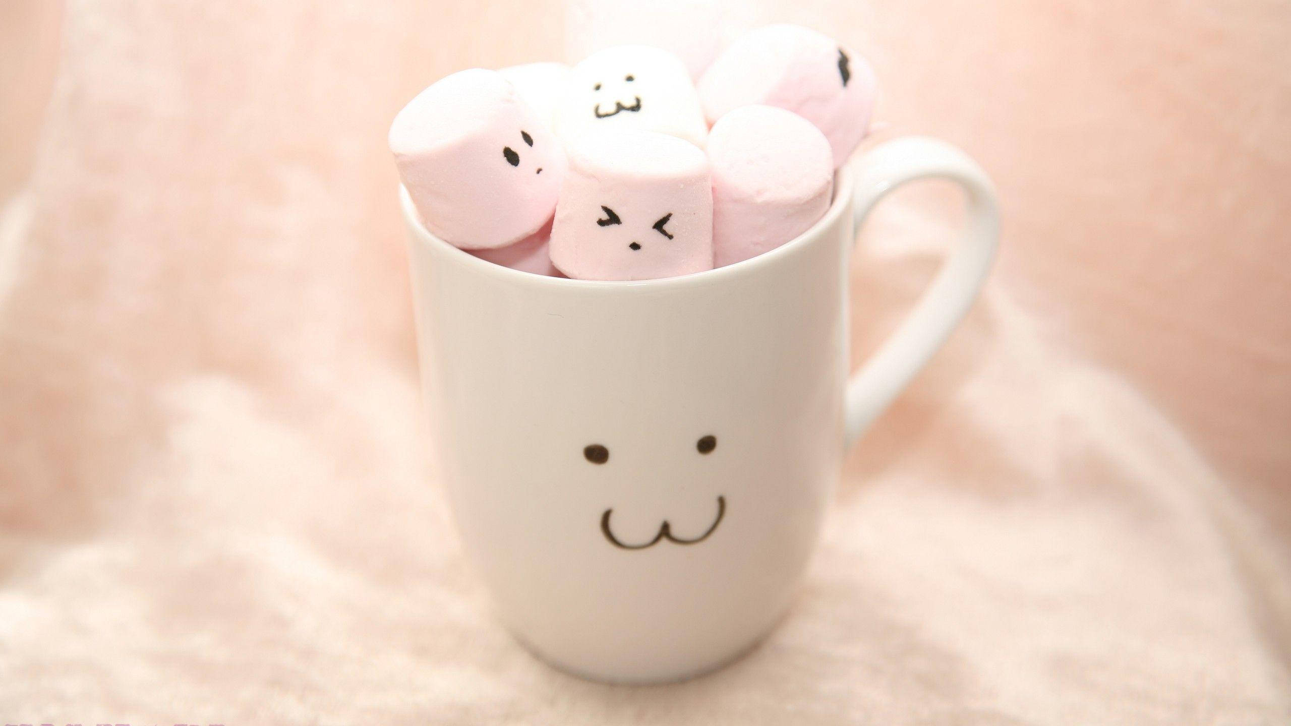 3d white mug marshmallow, white mug, smiling face, 2K Desktop Wallpaper