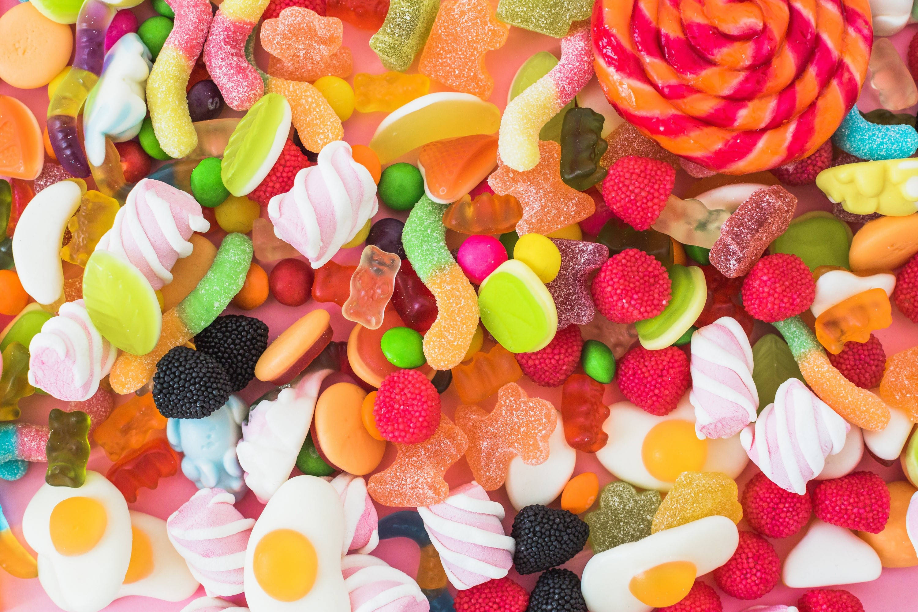 3d marshmallow gummy sweets, gummy bears, lollipops, 2K Desktop Wallpaper