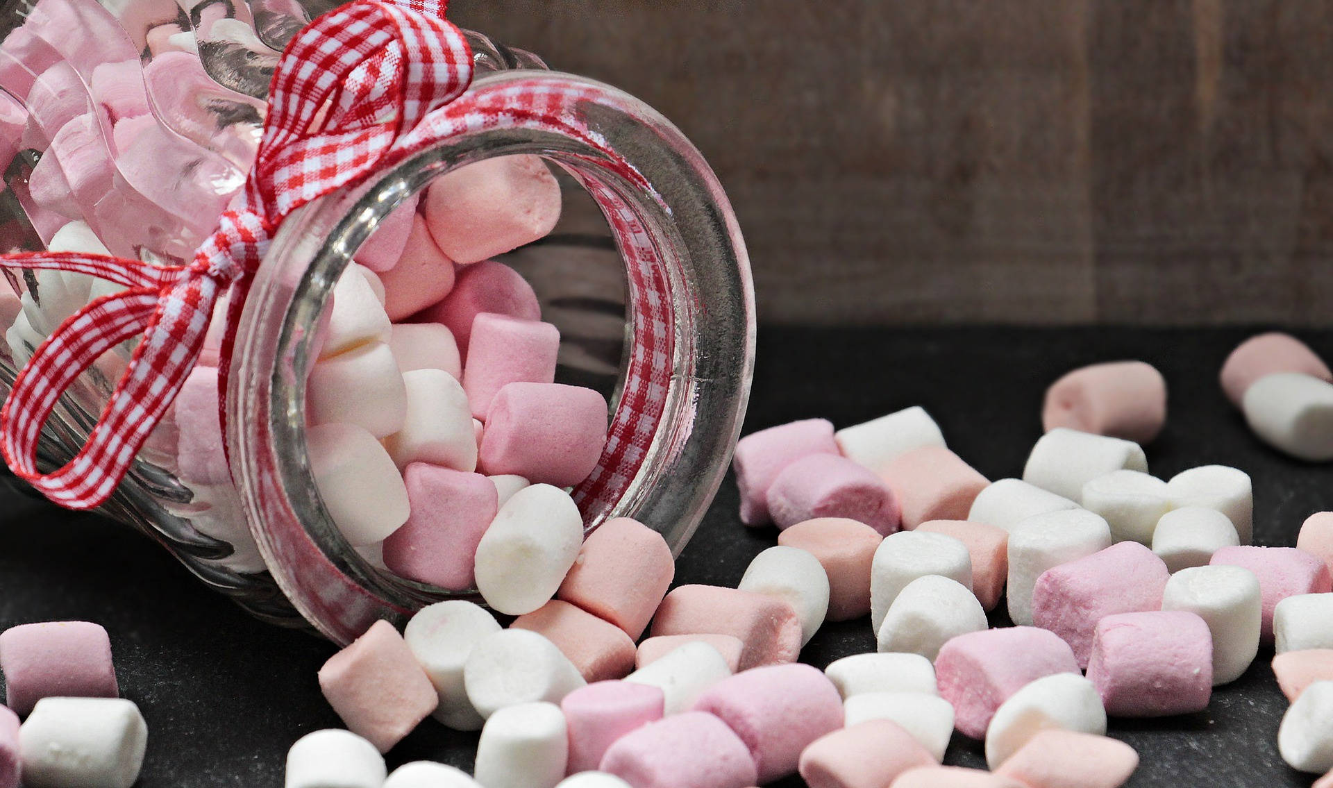3d gingham marshmallow, red and white gingham bow, pink and white marshmallows, Full HD Desktop Wallpaper
