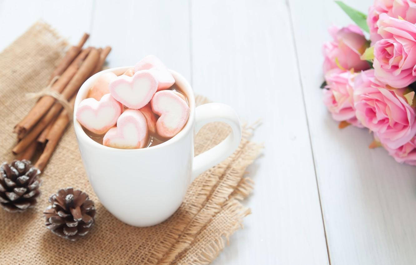 3d marshmallow heart mug, white mug, heart-shaped pink marshmallows, HD Desktop Wallpaper