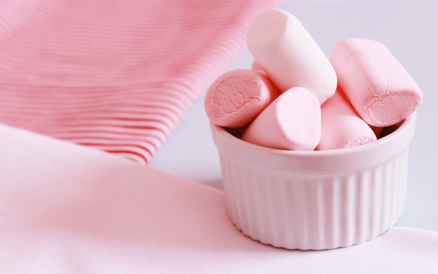 3d blush pink marshmallow, white fluted ramekin, pink textured fabric, HD Desktop Wallpaper