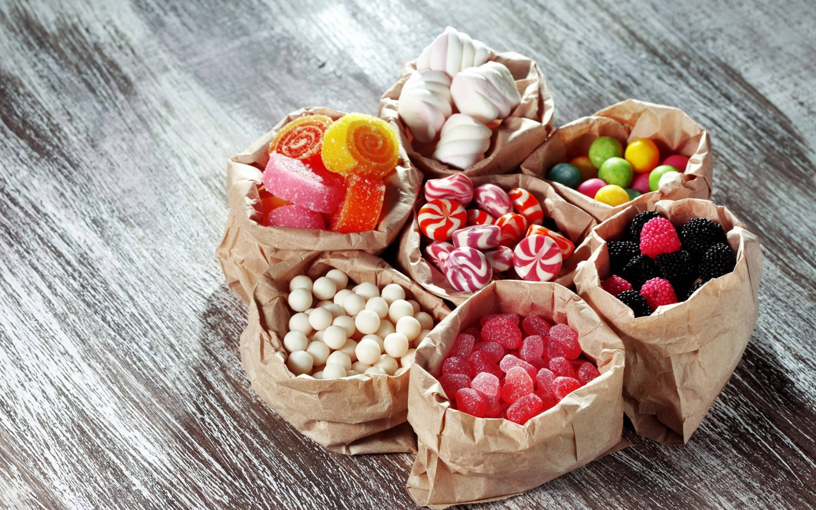 3d marshmallow candy, paper bags, assorted colorful candies, HD Desktop Wallpaper