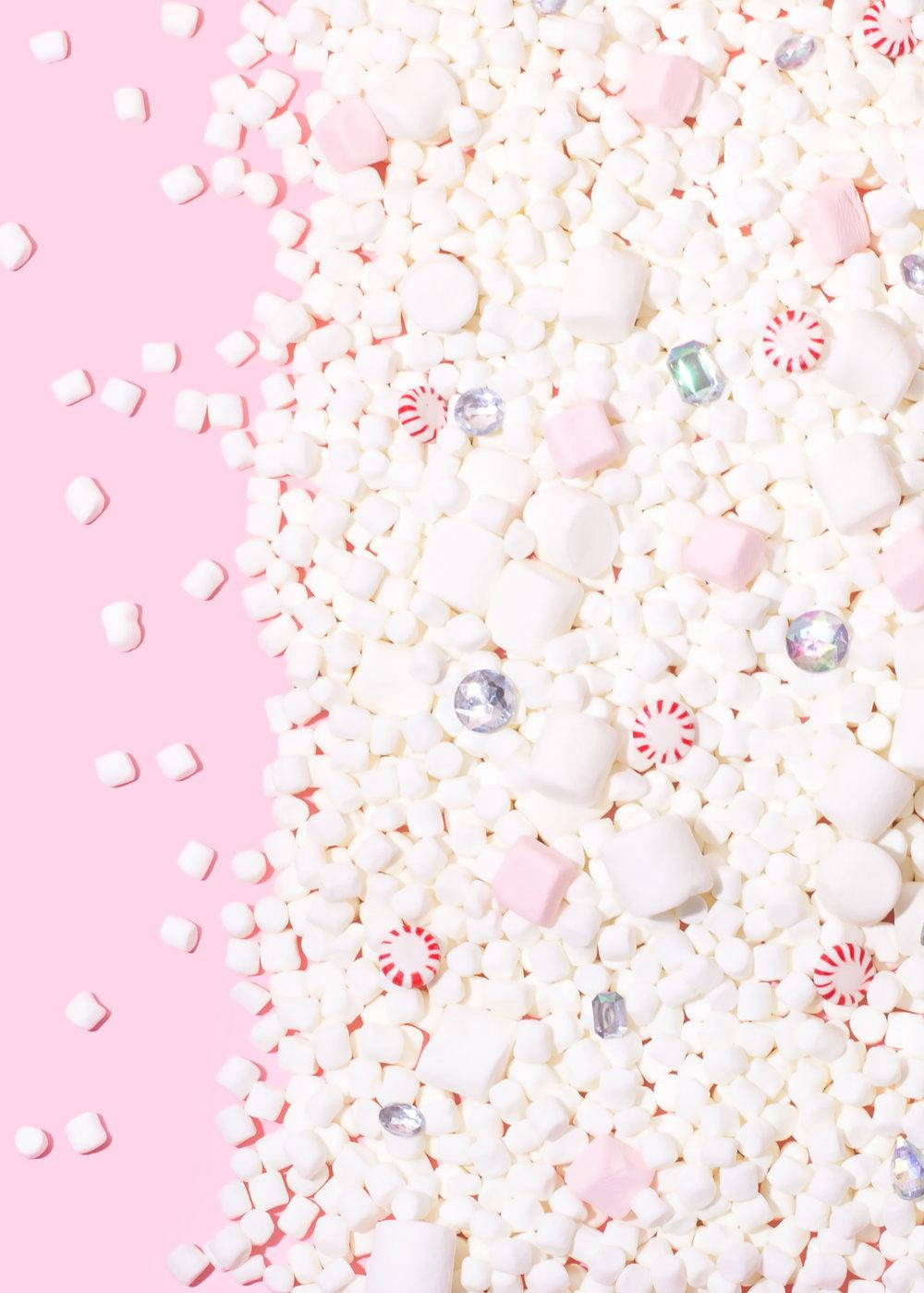 3d pink marshmallow pile, vibrant pink background, white and pink mini marshmallows, HD Phone Wallpaper