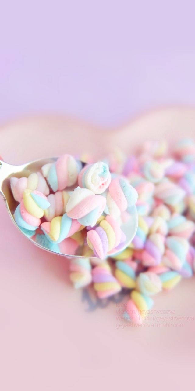 spoonful 3d marshmallow, pastel rainbow marshmallows, soft pink surface, HD Phone Wallpaper
