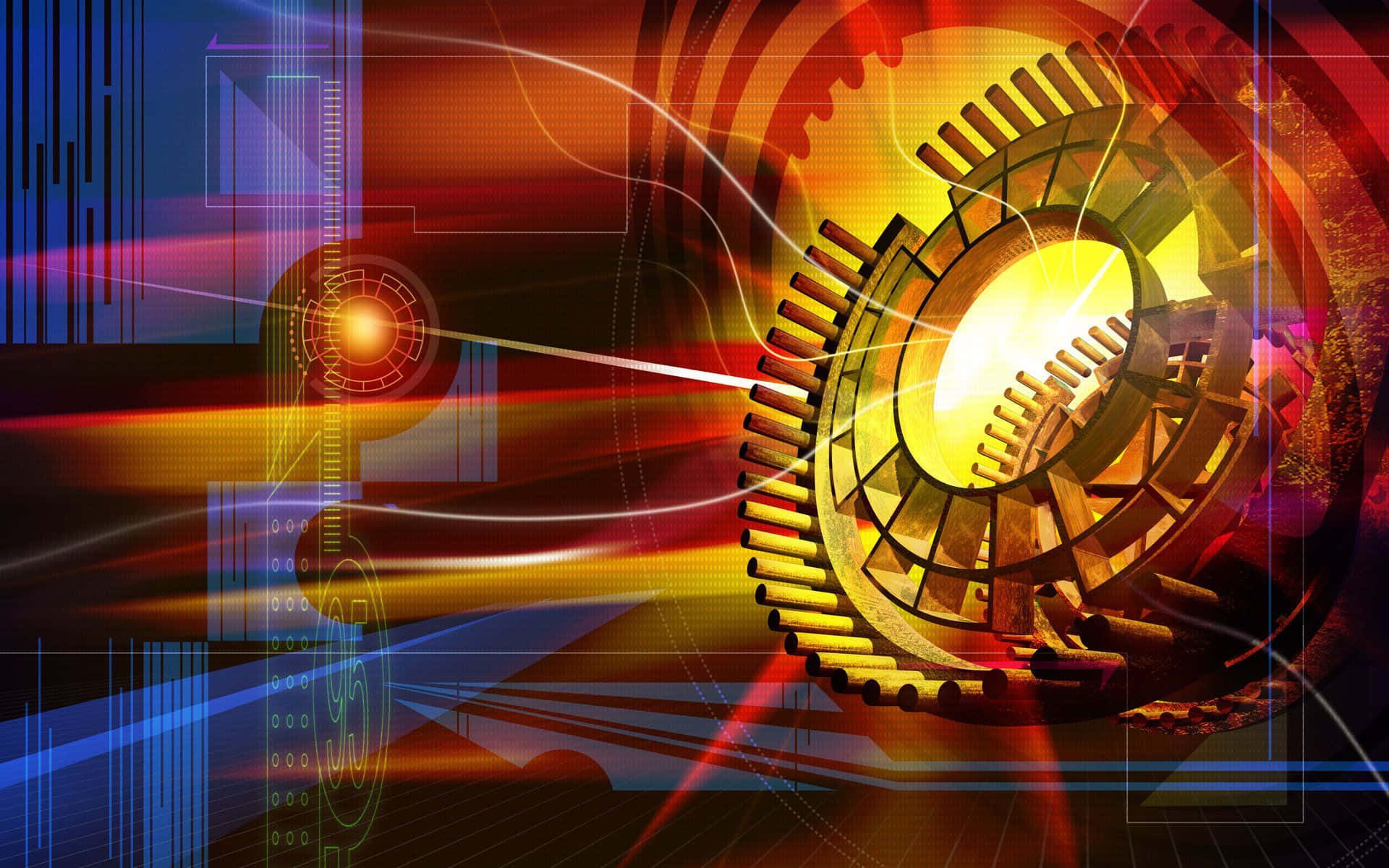 golden gear, red blue and orange light streaks, abstract background, Full HD Desktop Wallpaper