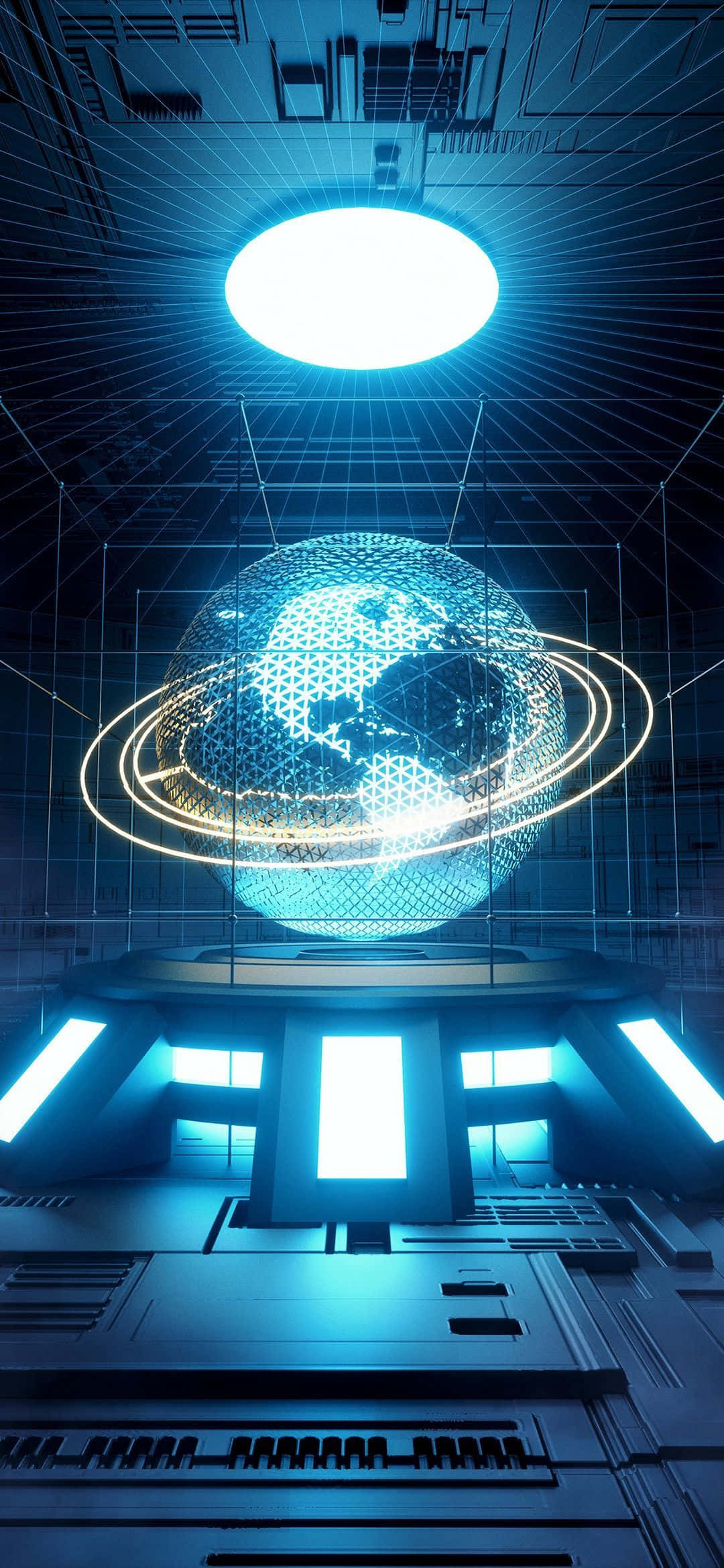 glowing blue digital globe, futuristic high-tech control room, neon lights, Full HD Phone Wallpaper
