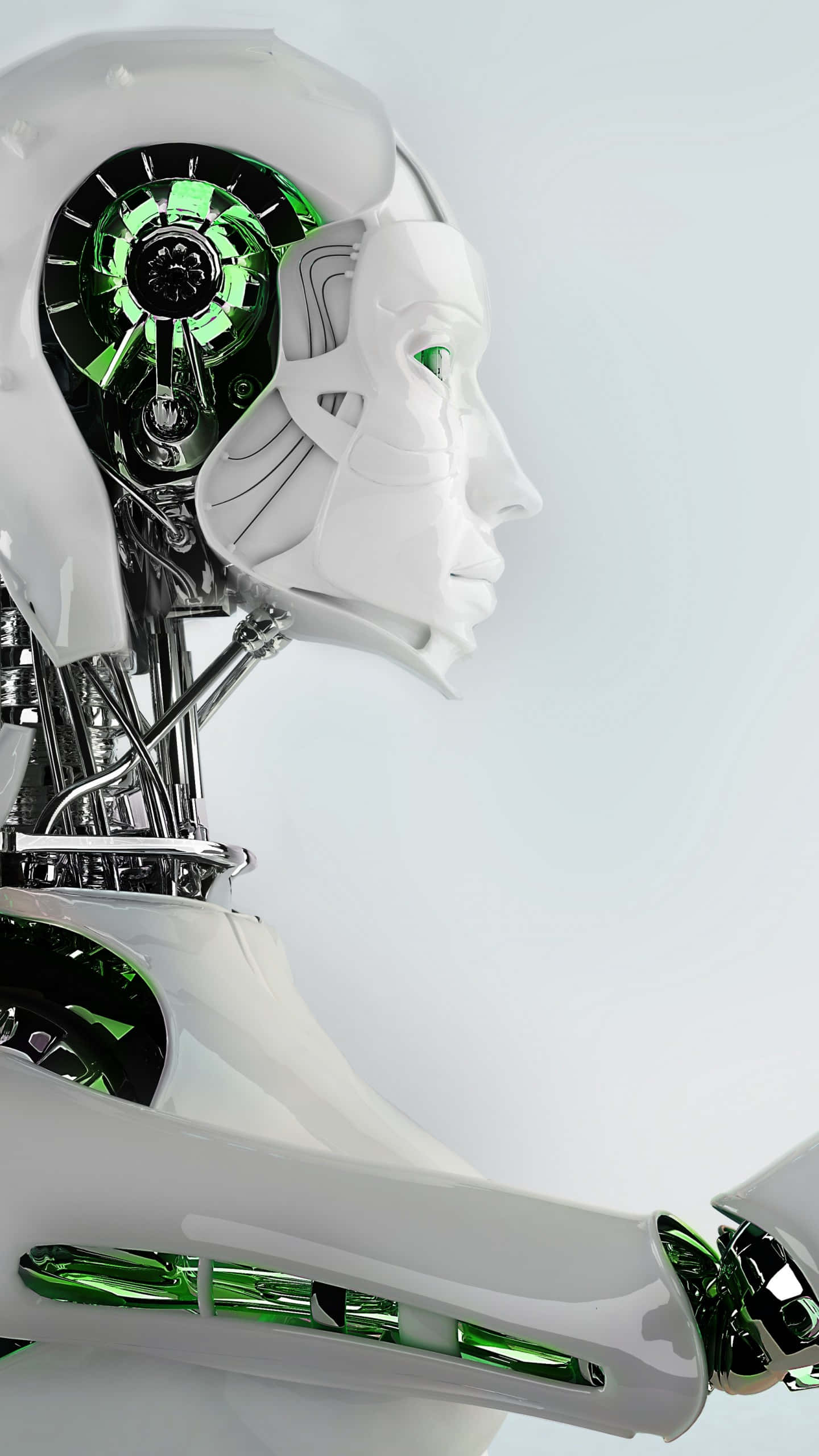 sleek white humanoid robot, glowing green internal gears and circuitry, soft gray background, 2K Phone Wallpaper