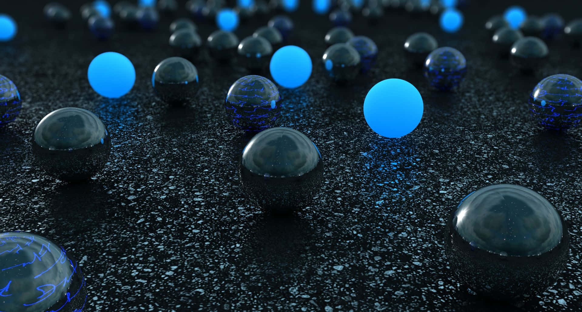 3d water, glossy blue and black spheres, dark textured surface, HD Desktop Wallpaper