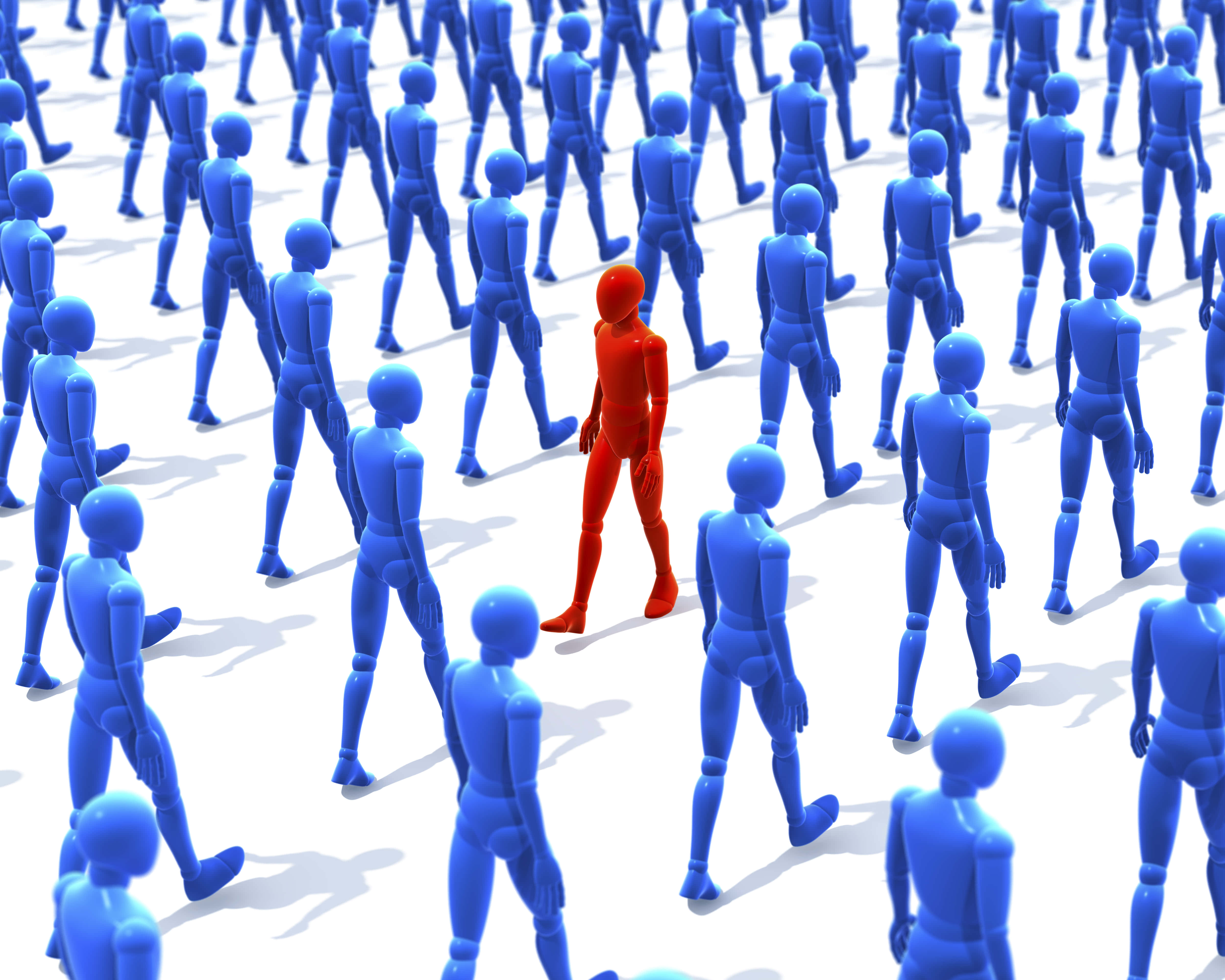 red humanoid figure, identical blue figures, bright white surface, 4K Desktop Wallpaper