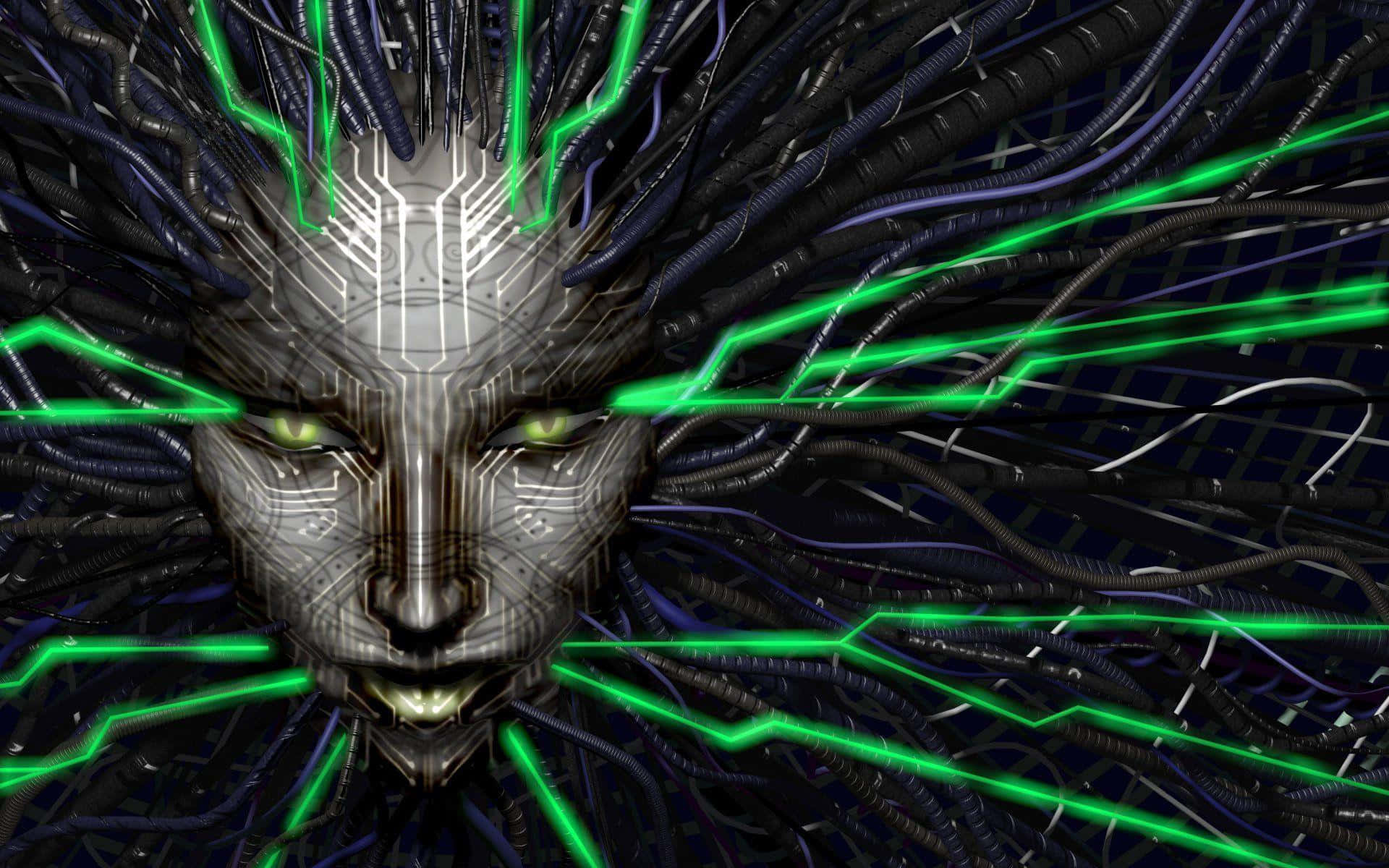 cybernetic face, glowing green circuitry, wires radiating from head, Full HD Desktop Wallpaper