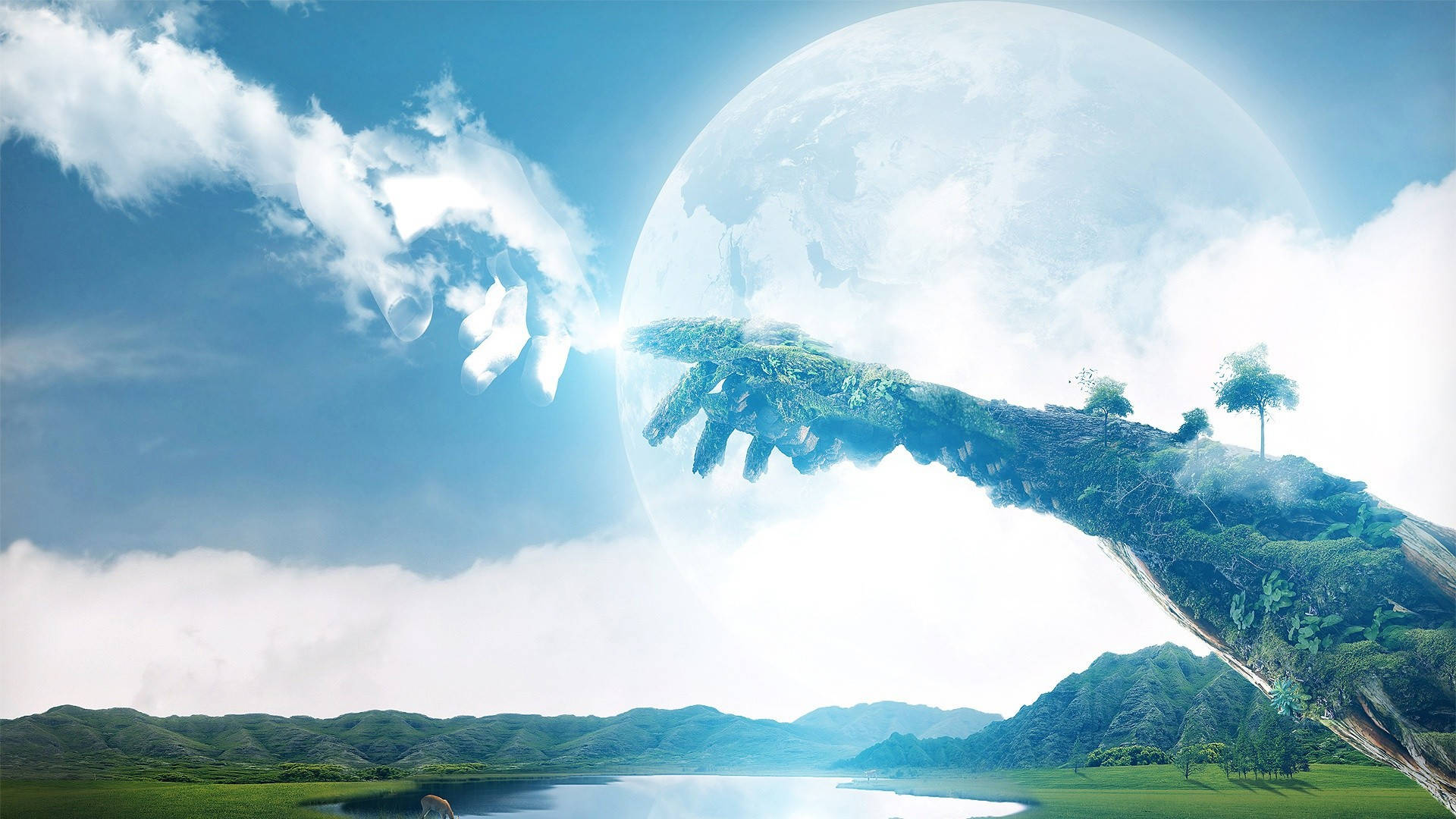 3d nature hand, giant hand, lush greenery, Full HD Desktop Wallpaper