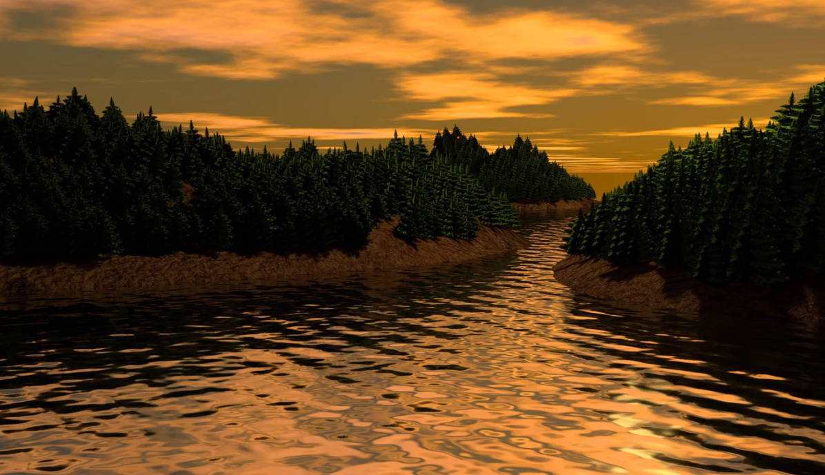 serene river, dense pine forests, fiery orange sunset sky, SD Desktop Wallpaper