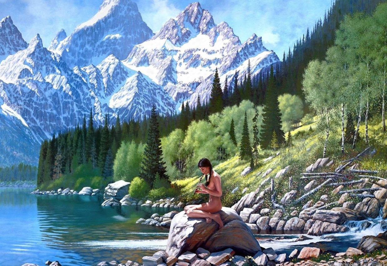 flute, 3d nature, nude woman, SD Desktop Wallpaper