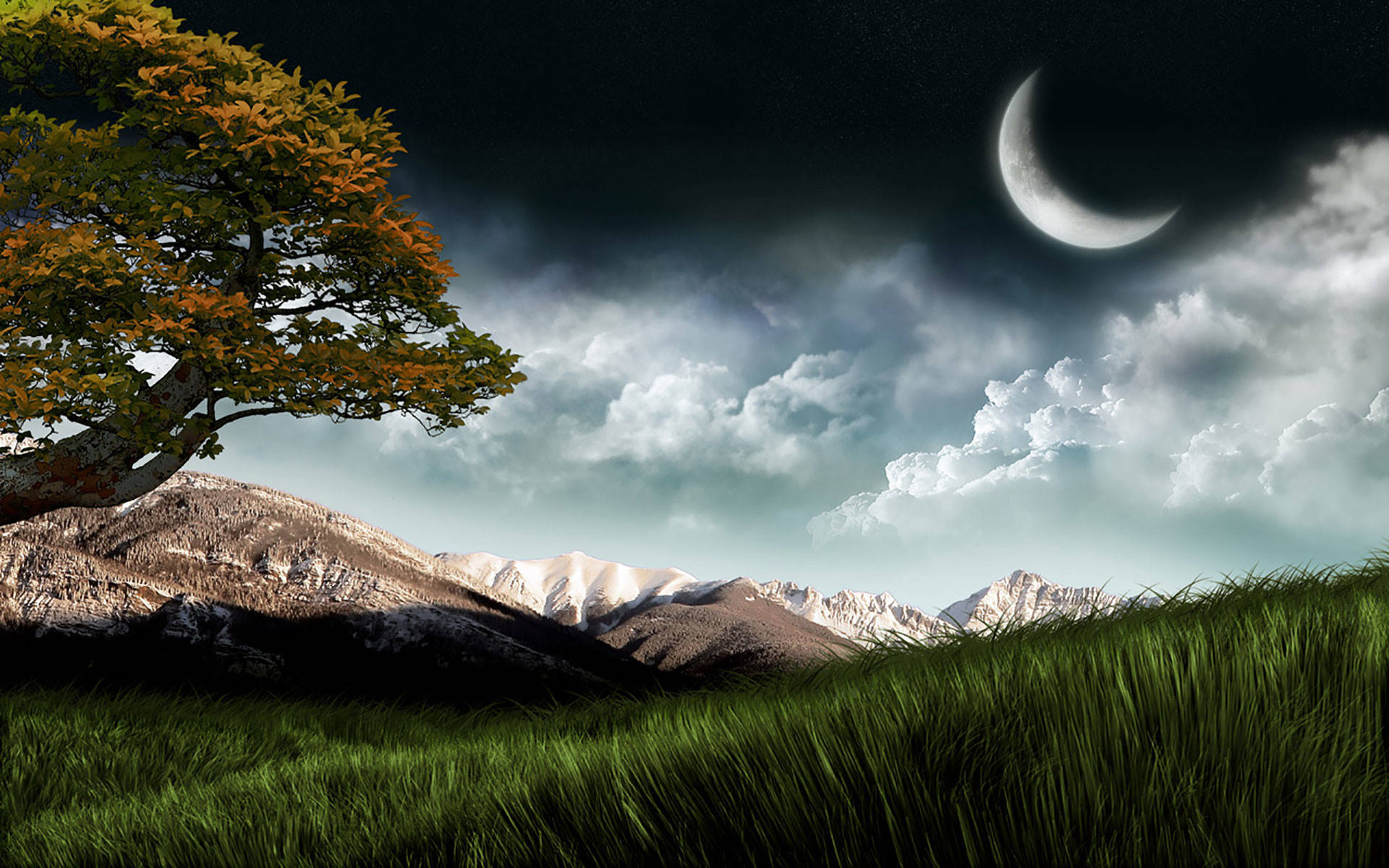 crescent moon, autumn leaves, snow-capped mountains, Full HD Desktop Wallpaper